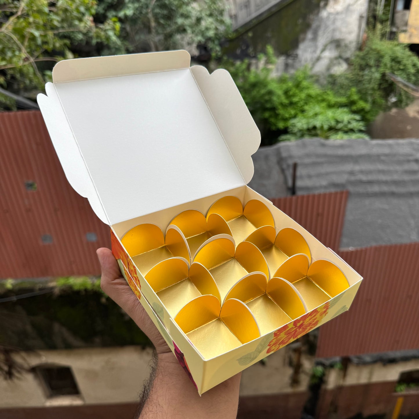 Kohinoor Collection 9Cavity Box For Chocolates / Brownies / Truffles / Candles and More with Gold Foiling Detailing (10pc) WITH Cavity