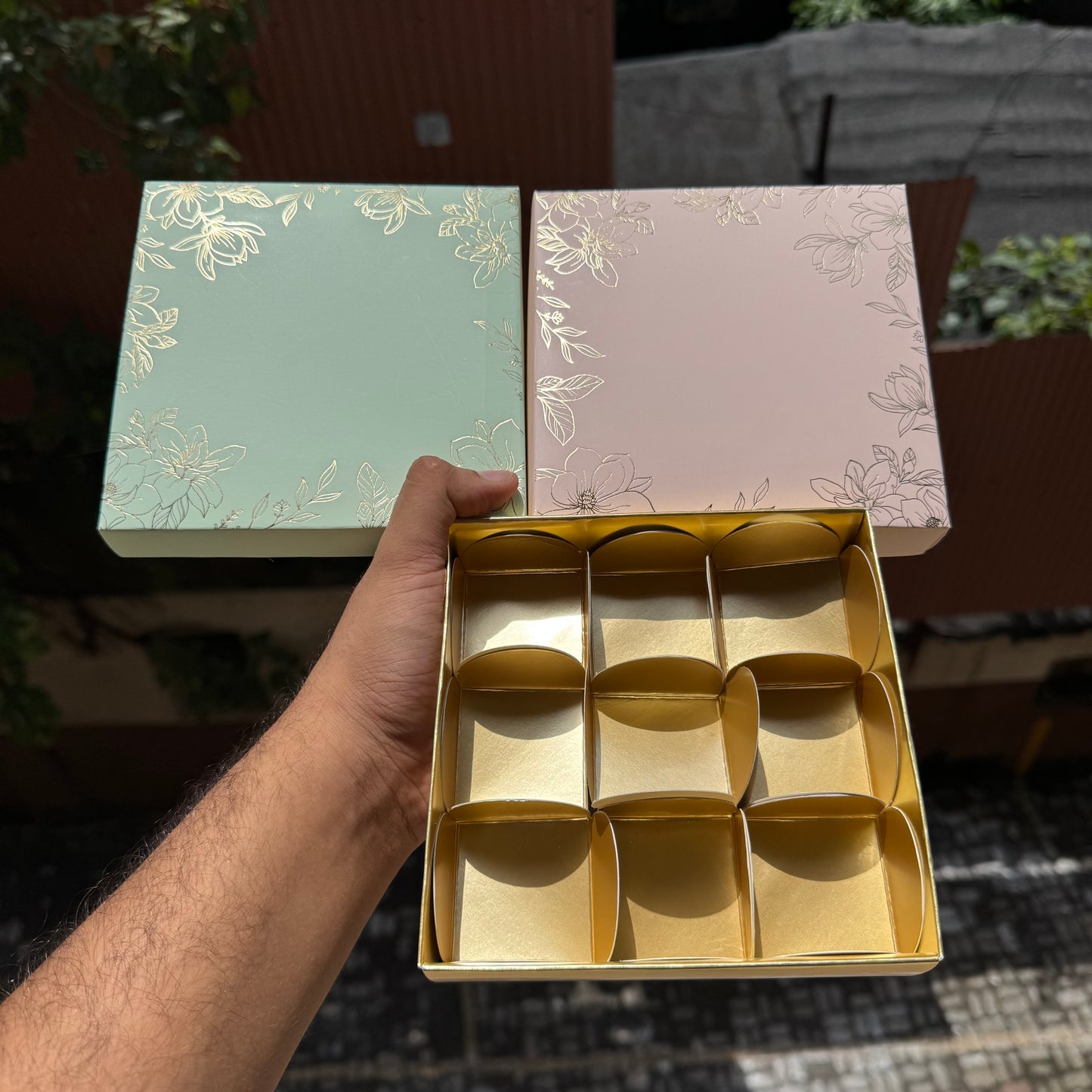 Pastel Petals Collection - 9 Cavity Box with Premium Cavity for Chocolates,Truffles - Mint Green (10pc) Top Bottom
