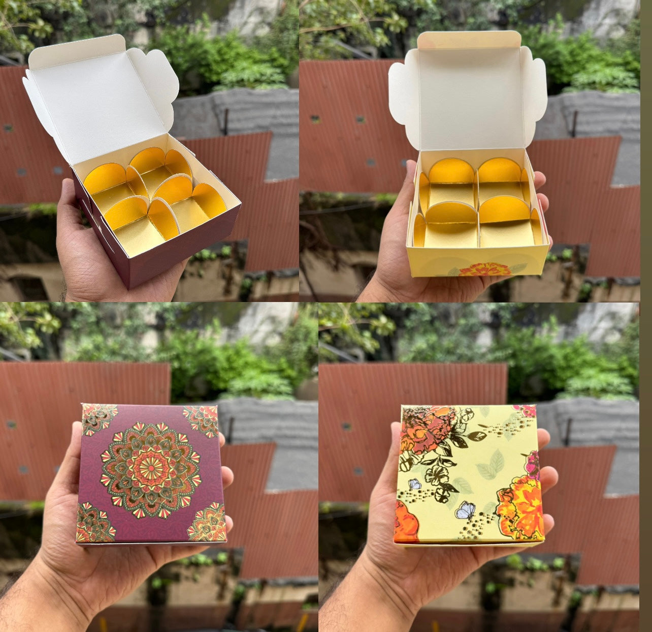 Kohinoor Collection 4Cavity Box For Chocolates / Brownies / Truffles / Candles and More with Gold Foiling Detailing (10pc) WITH Cavity