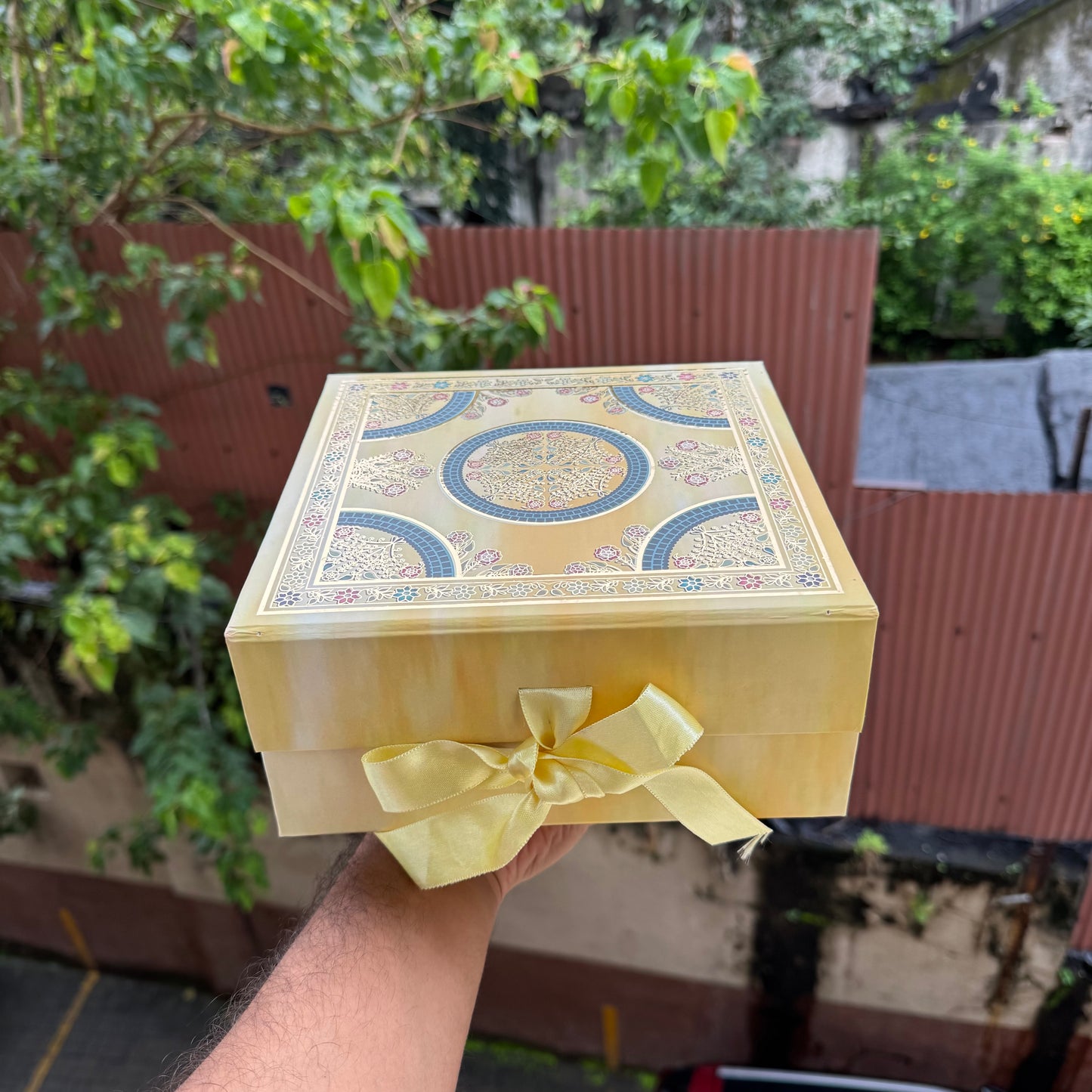 Collapsible Foiled Premium Hamper Box With Ribbon 8x8x4inch • Yellow