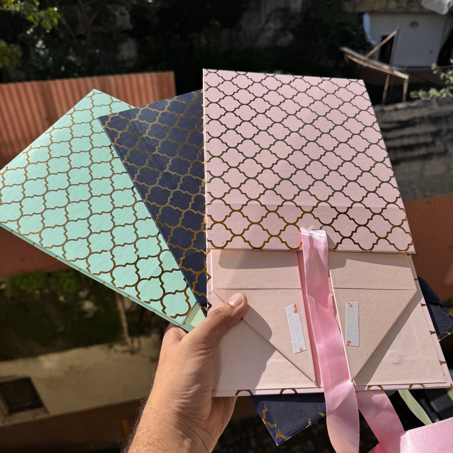 8x8x4 Moroccan Gold Foil Print Collapsible Ribbon Hamper Box (1pc)