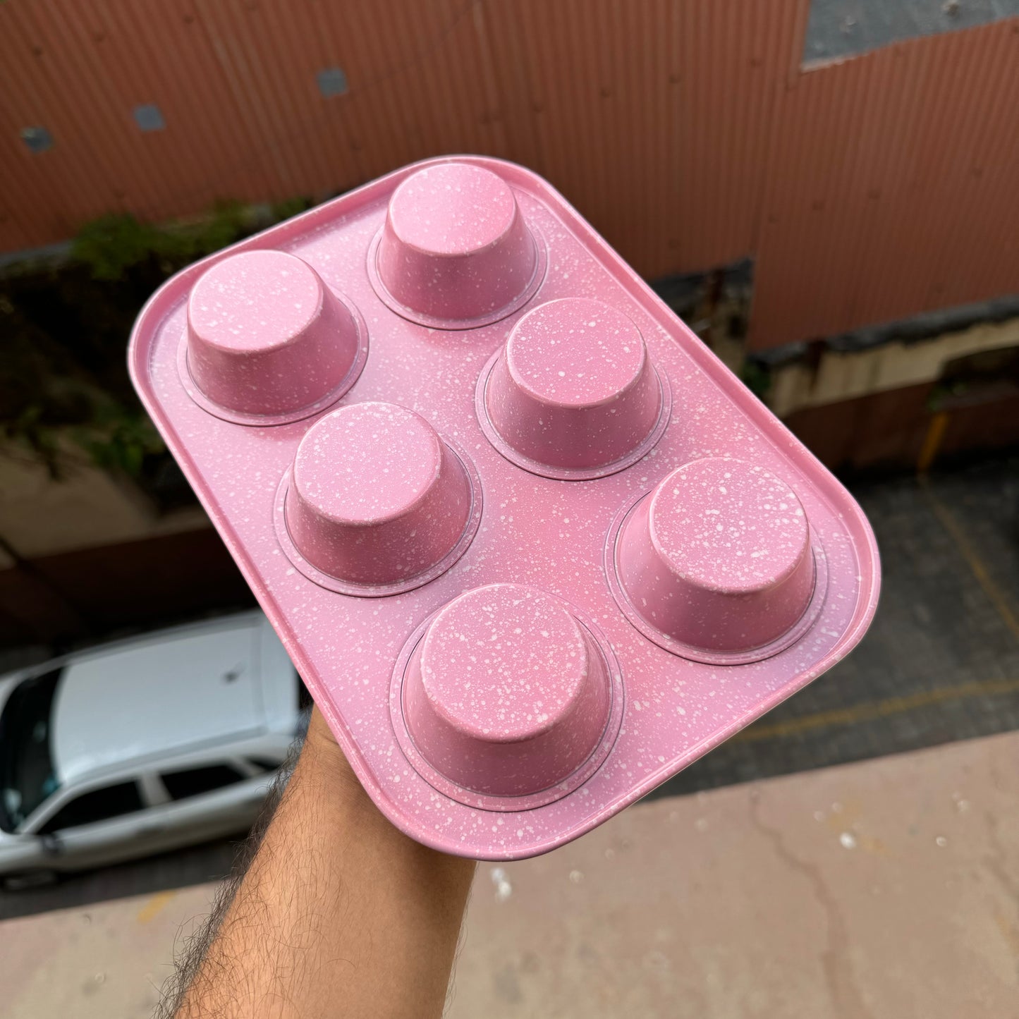 6 Cavity Cupcake Tray Nonstick Tin Pink