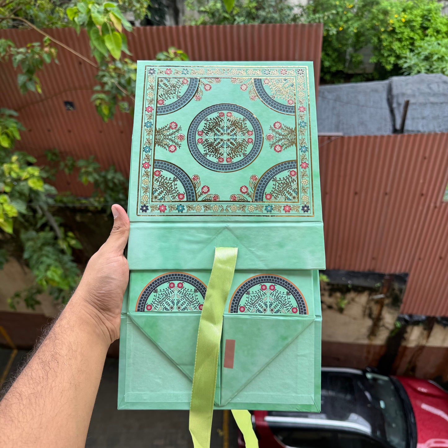 Collapsible Foiled Premium Hamper Box With Ribbon 8x8x4inch • Pista Green