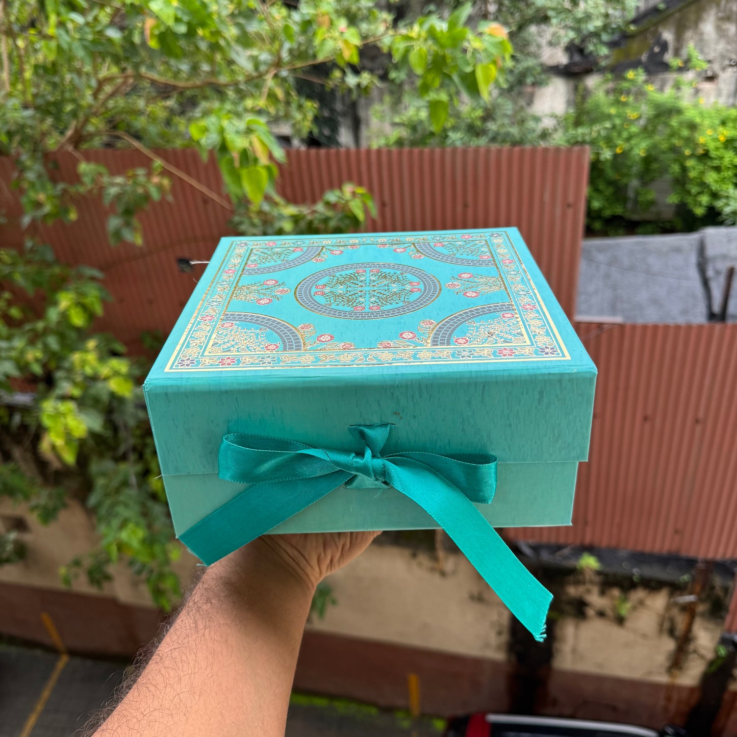Collapsible Foiled Premium Hamper Box With Ribbon 8x8x4inch • Blue