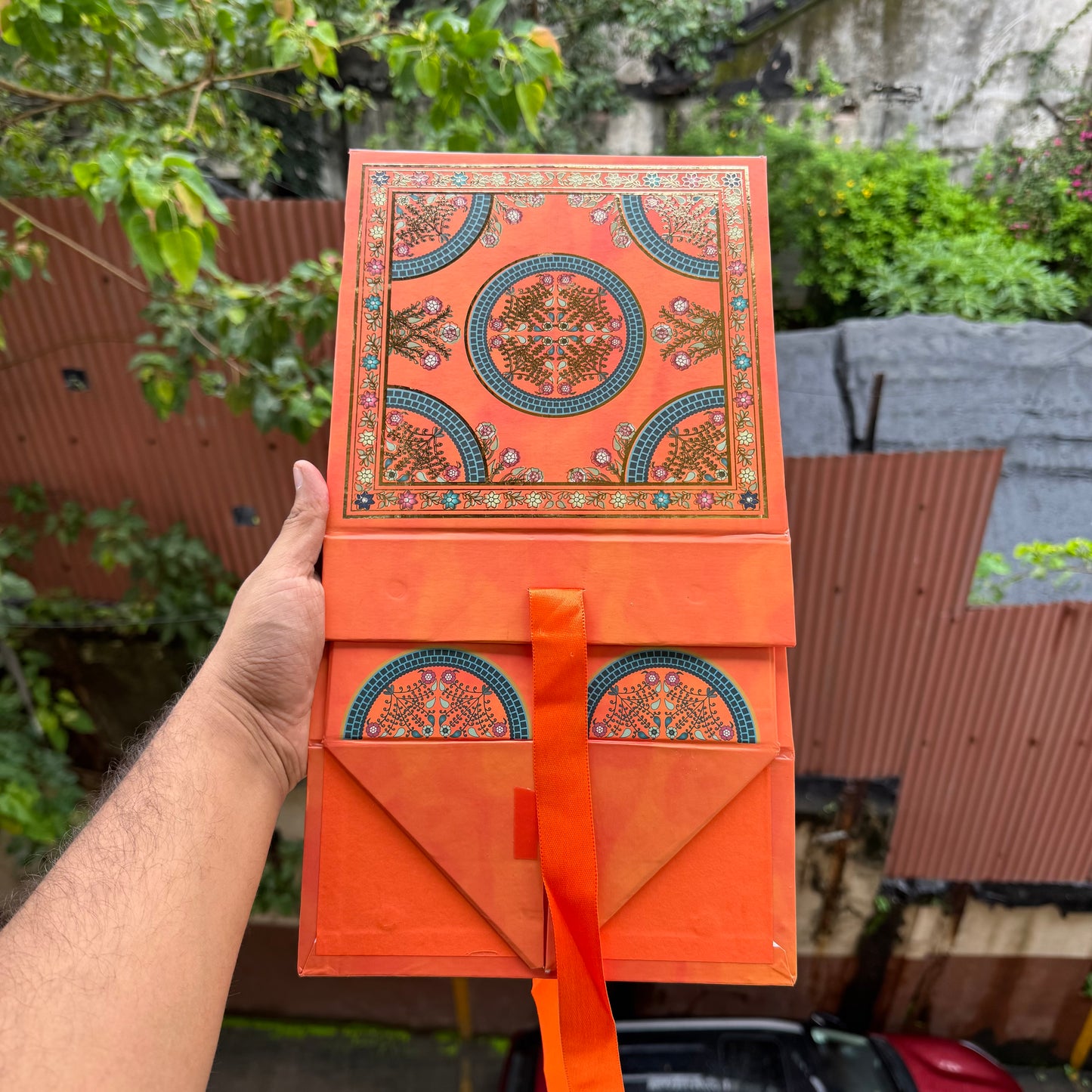 Collapsible Foiled Premium Hamper Box With Ribbon 8x8x4inch • Orange