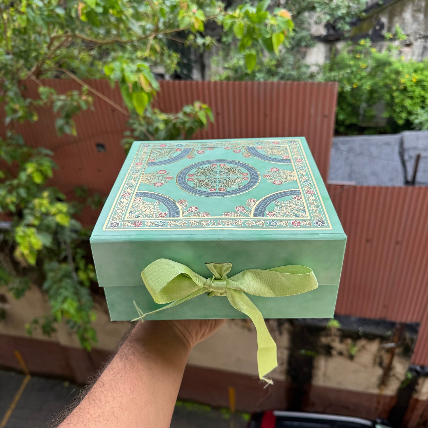 Collapsible Foiled Premium Hamper Box With Ribbon 8x8x4inch • Pista Green