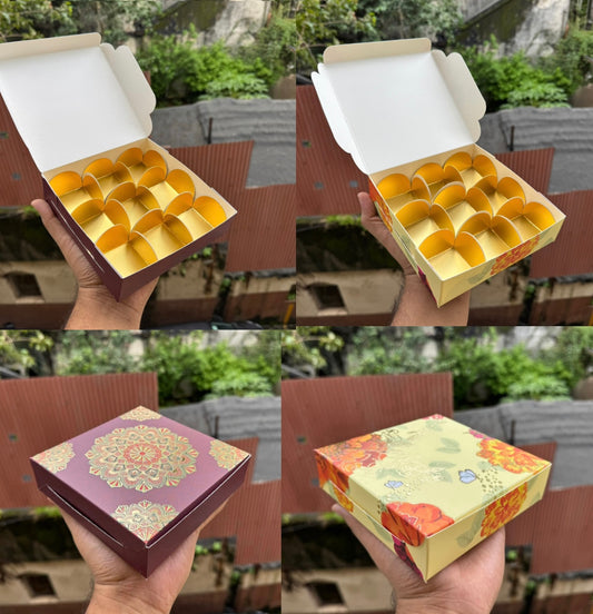 Kohinoor Collection 9Cavity Box For Chocolates / Brownies / Truffles / Candles and More with Gold Foiling Detailing (10pc) WITH Cavity