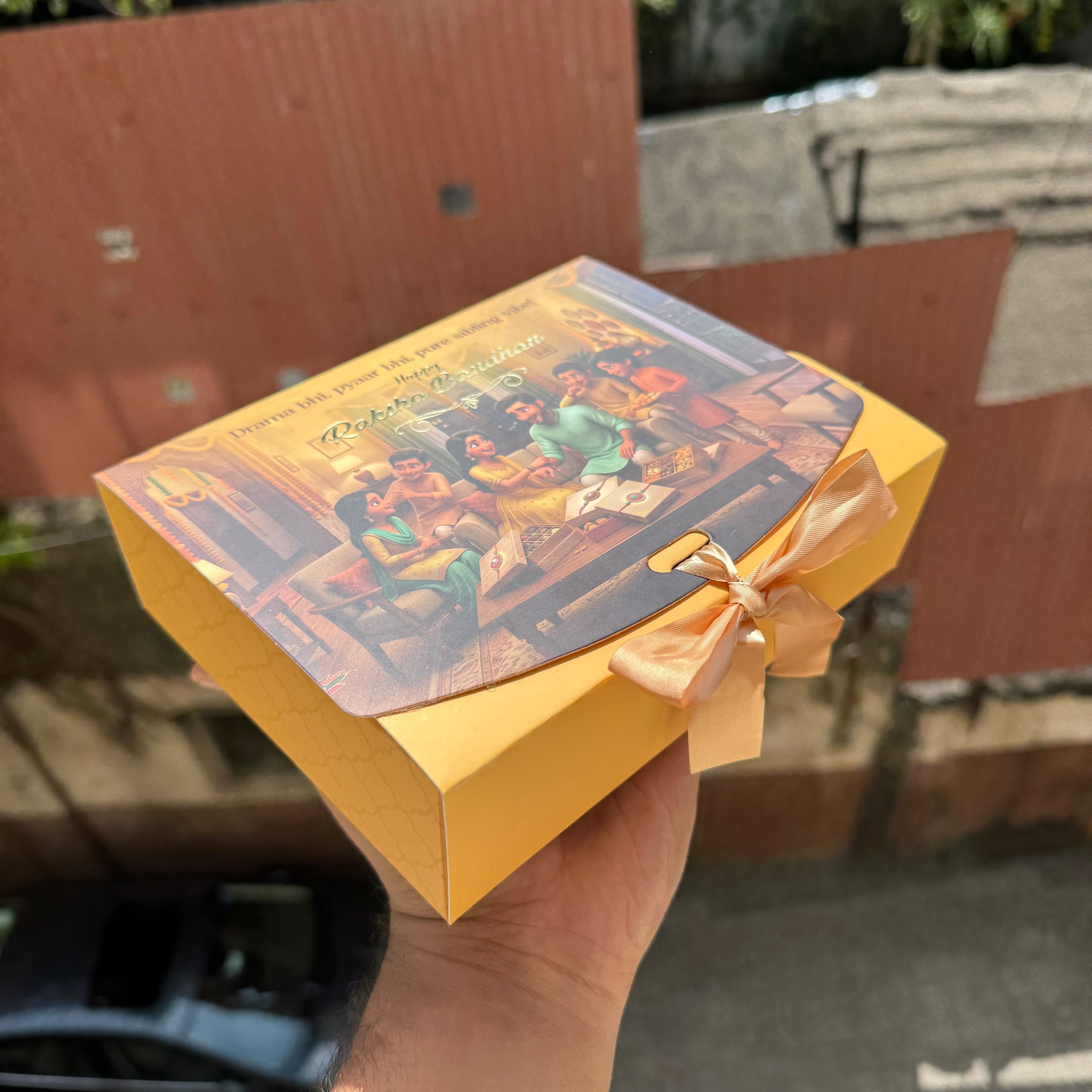 Rakhi Hamper Box With Ribbon - 7.5 by 6 by 2” • BK-95 Yellow