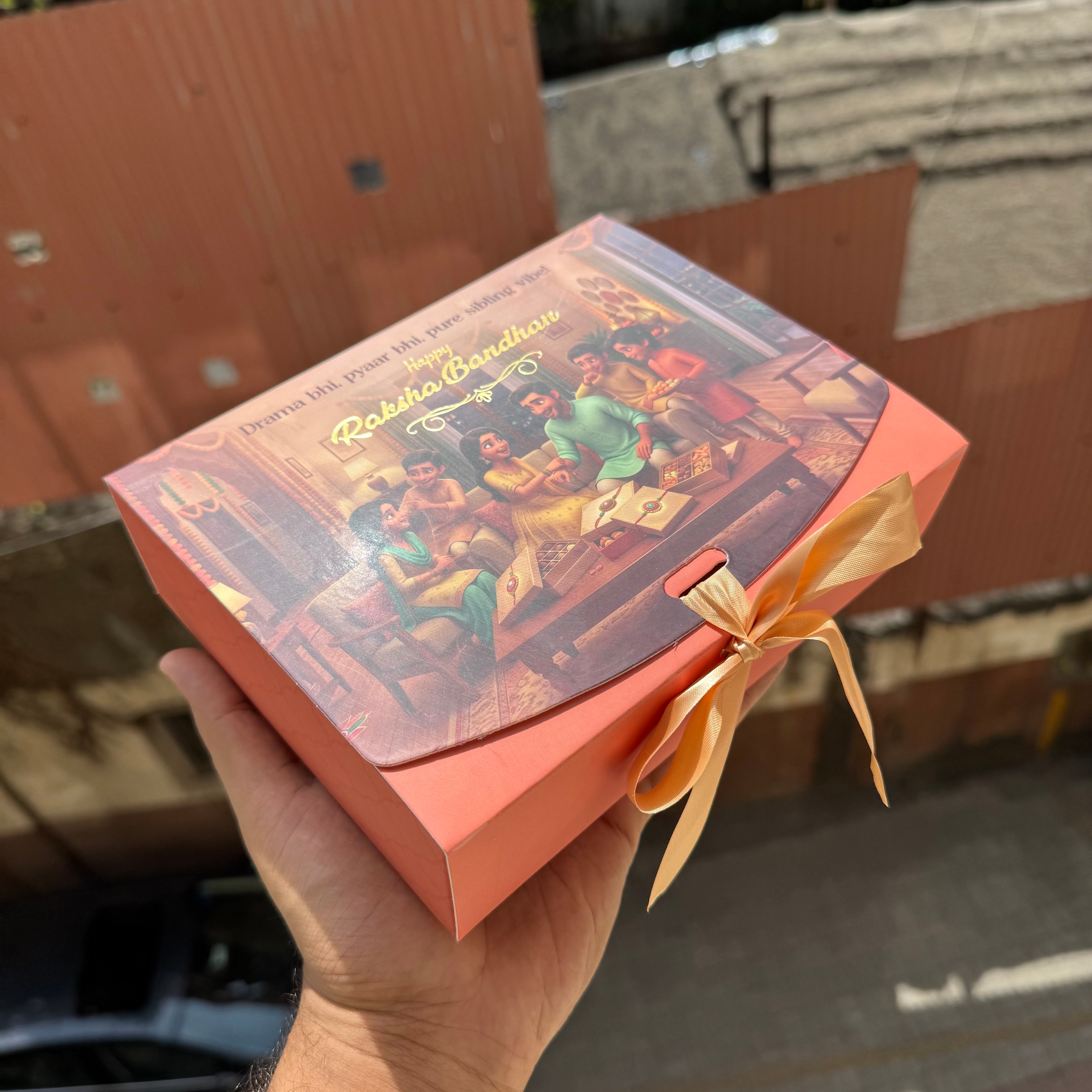 Rakhi Hamper Box With Ribbon - 7.5 by 6 by 2” • BK-95 Peach
