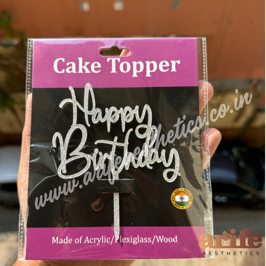 Happy Birthday 4” Topper Colourful - Silver Glitter
