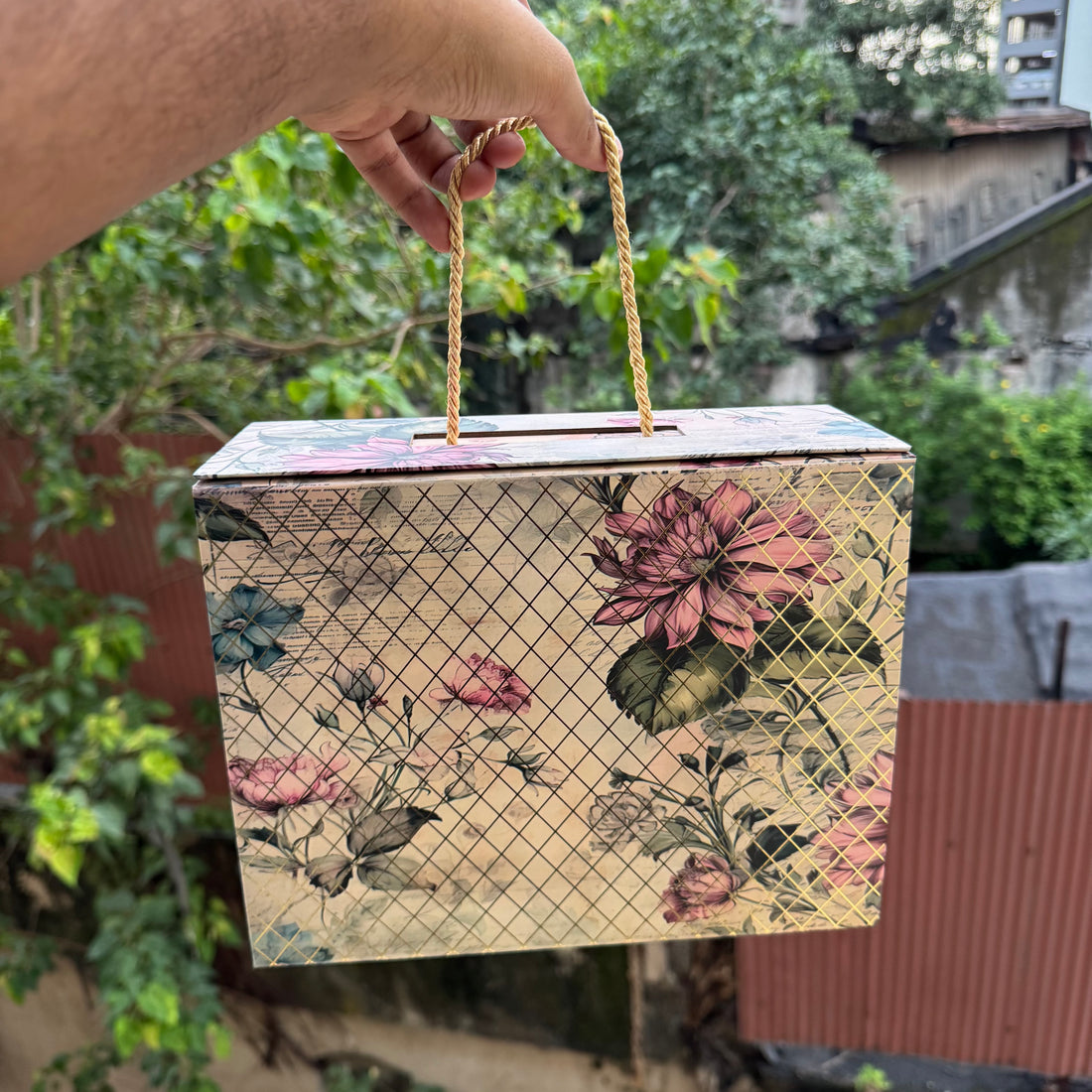 Premium Aesthetic Floral Print Collapsible Hamper Box with Gold Foiling Detailing