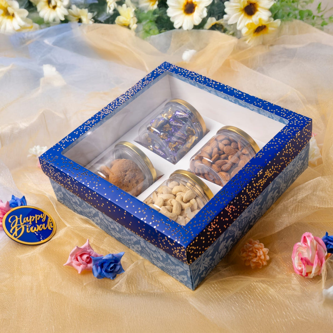 Festive Top Bottom Hamper Box With 4 Jar Cavity (10pc)