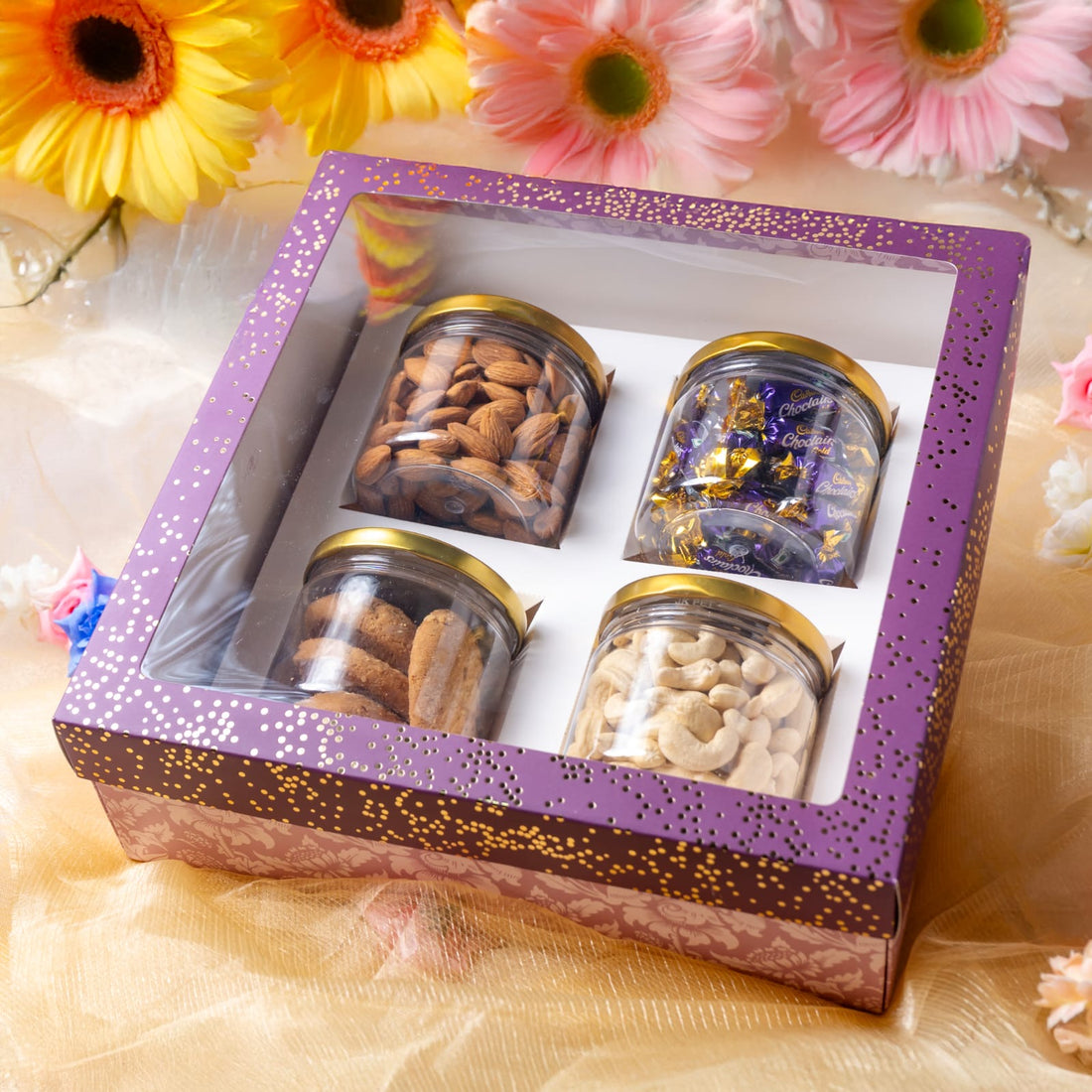 Festive Top Bottom Hamper Box With 4 Jar Cavity (10pc)