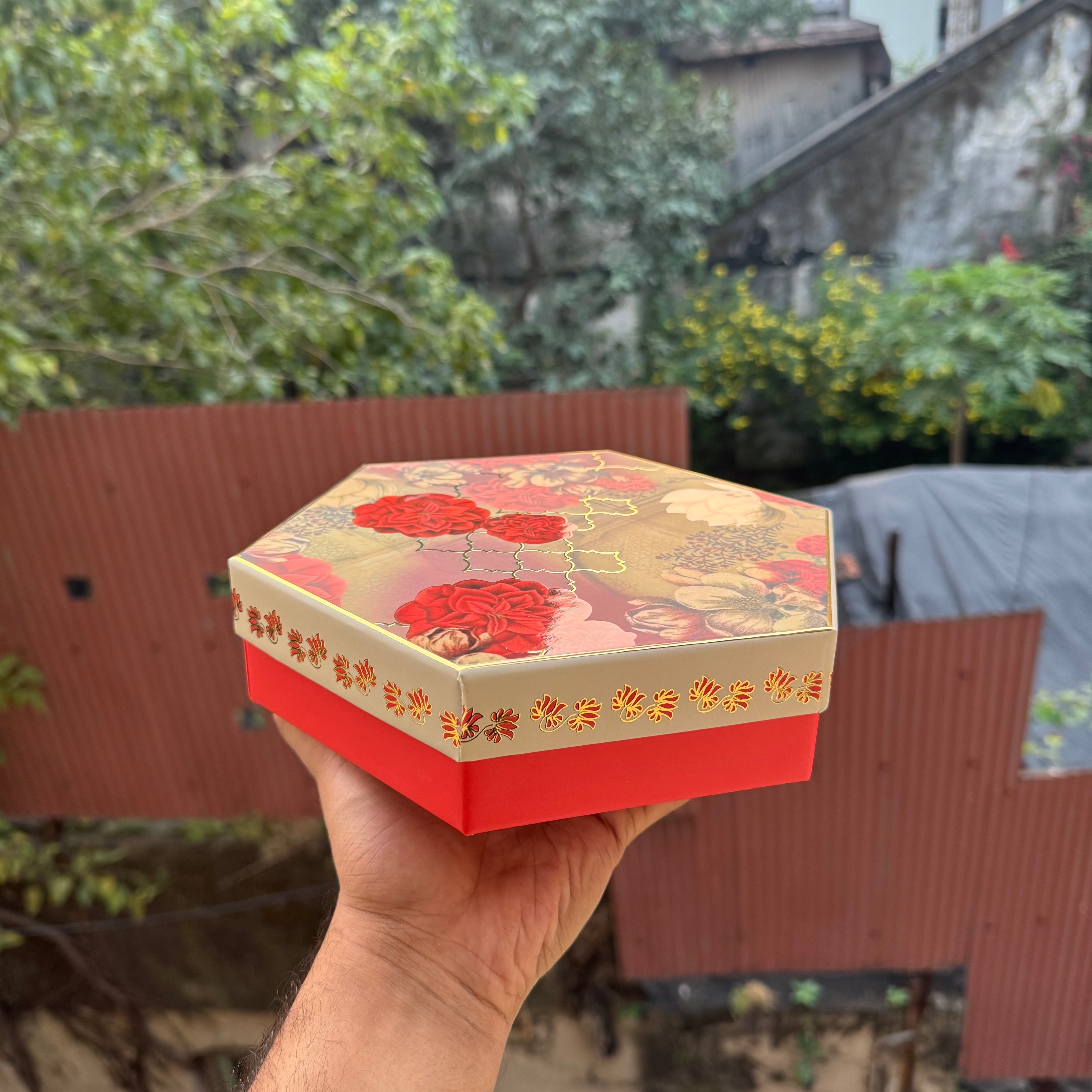 Top Bottom Rigid Hexagon Mithai Box With Partition 1pc