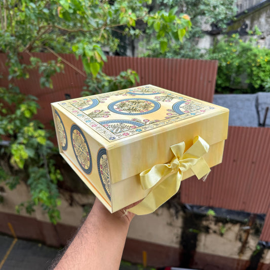 Collapsible Foiled Premium Hamper Box With Ribbon 8x8x4inch • Yellow
