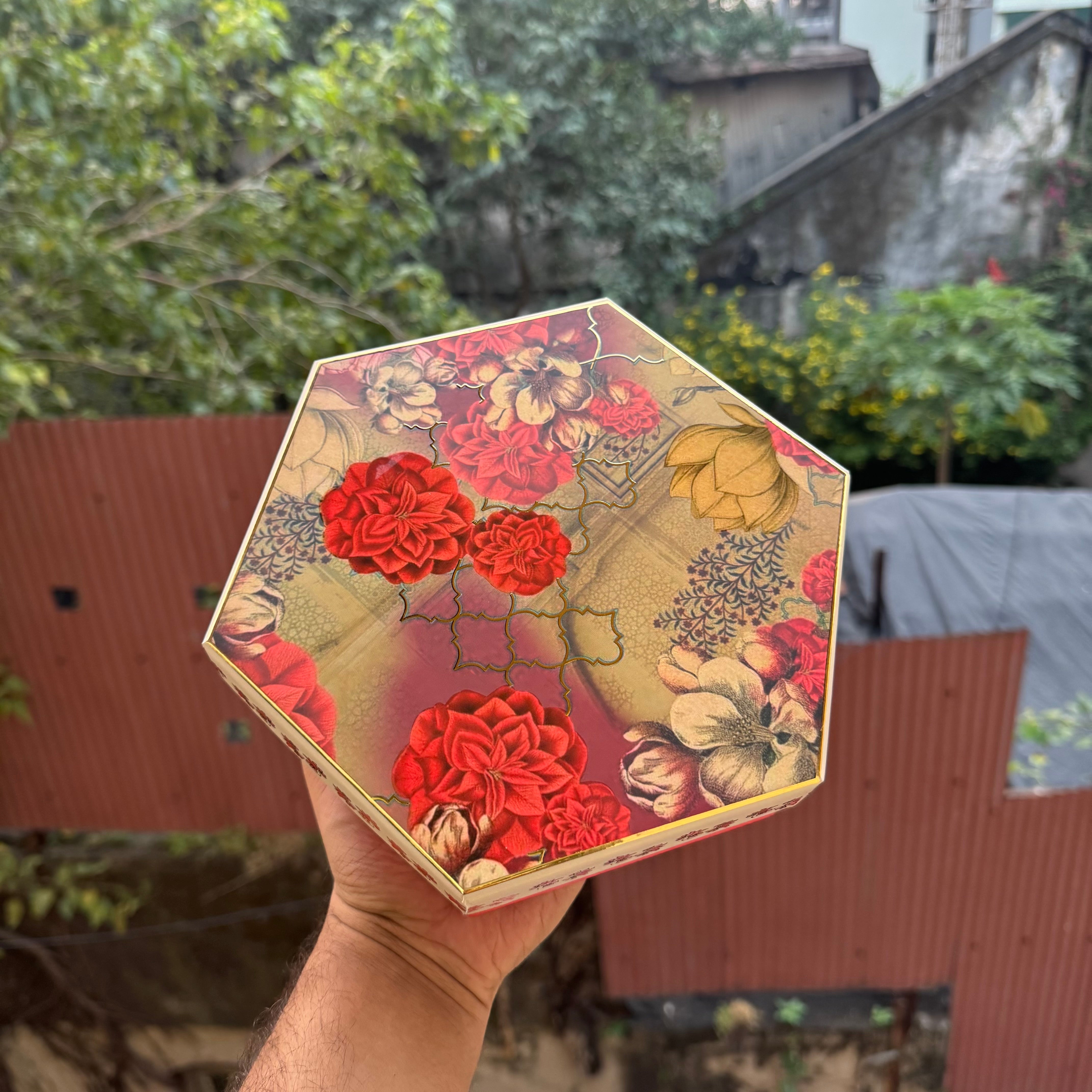 Top Bottom Rigid Hexagon Mithai Box With Partition 1pc