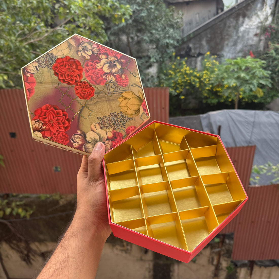 Top Bottom Rigid Hexagon Mithai Box With Partition 1pc