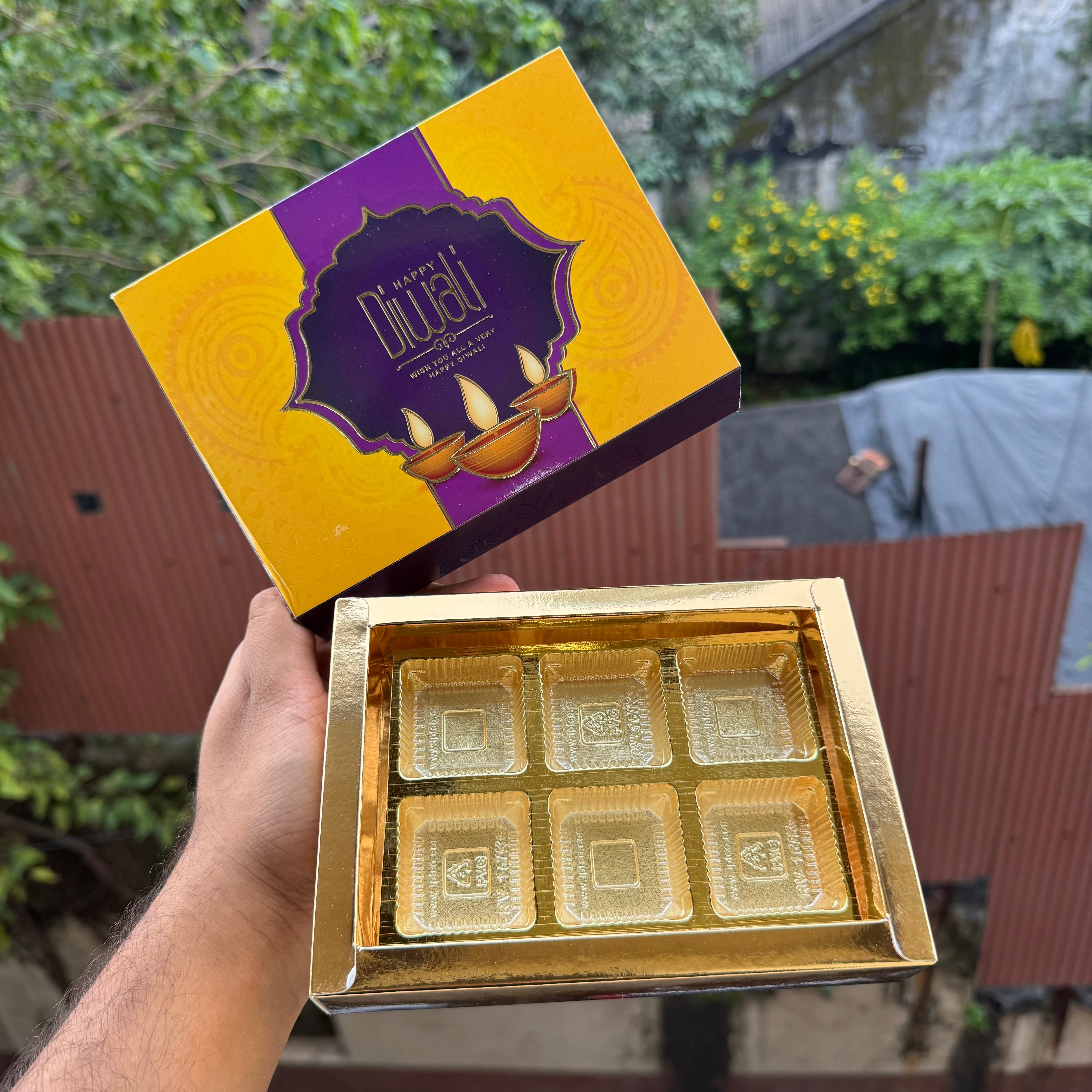Diwali Slider Box (10pc) || 6 Cavity Size ~ Yellow & Plum