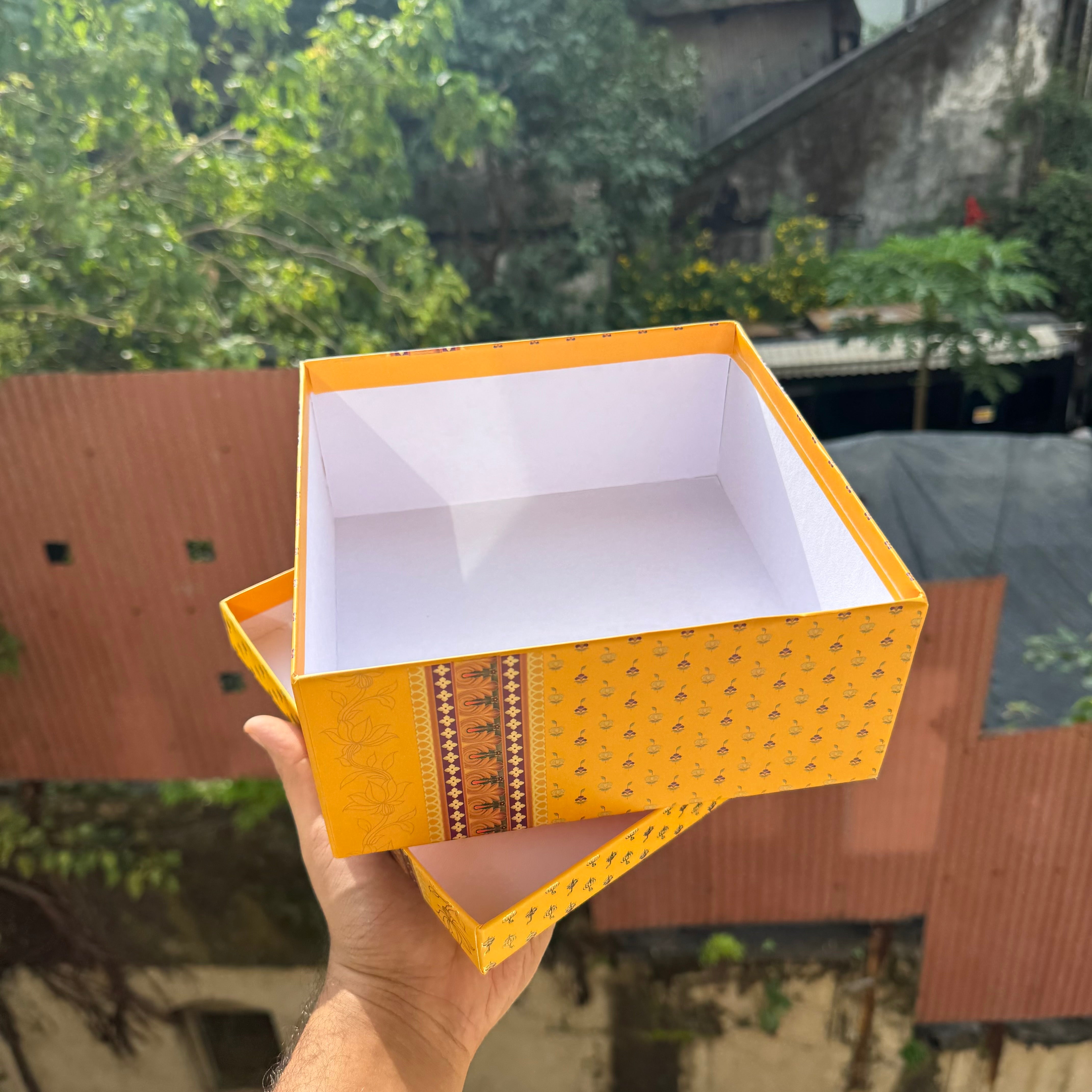 Jashan Top Bottom Hamper Box With Matching Bag Combo 1pc 8x8x3.5inch | Mustard Silk