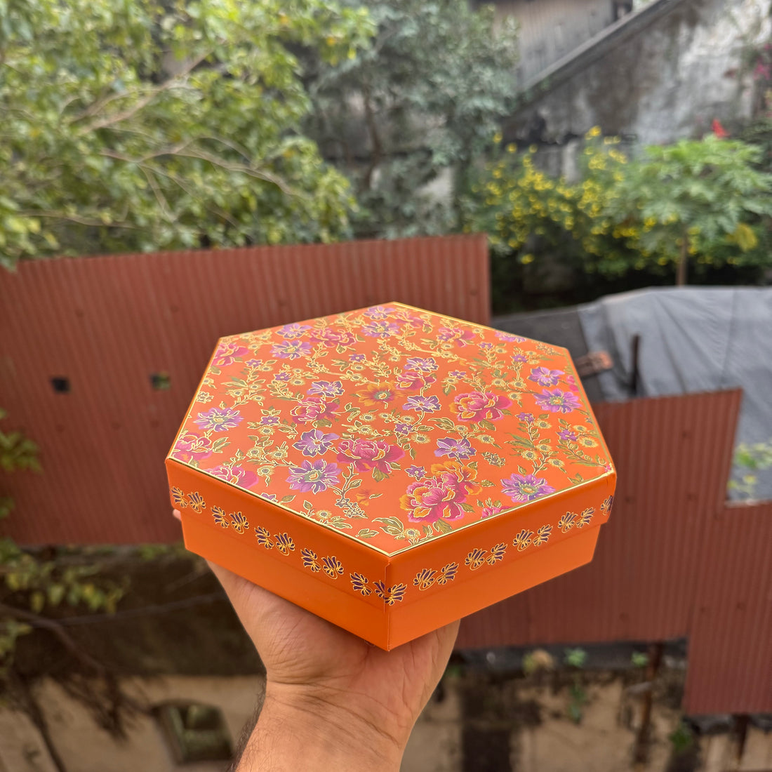 Top Bottom Rigid Hexagon Mithai Box With Partition 1pc  | Orange