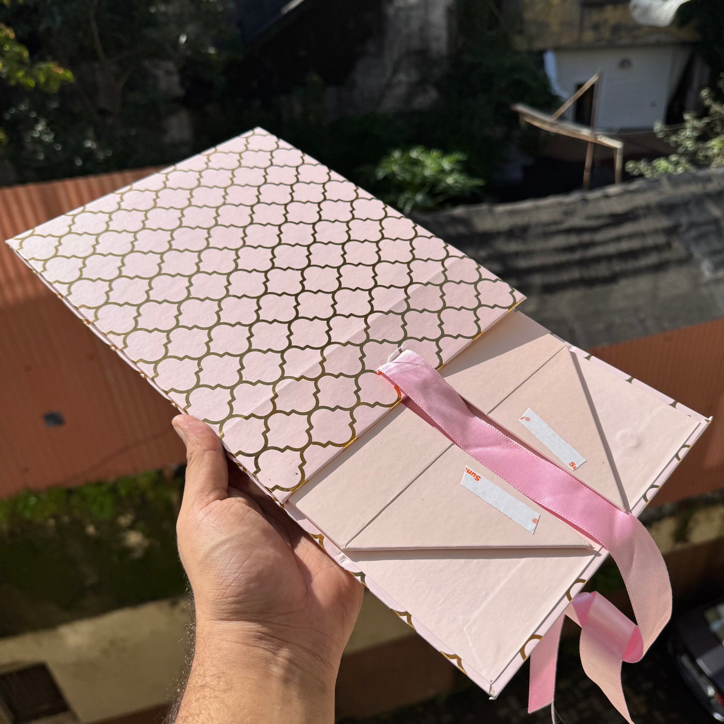 8x8x4 Moroccan Gold Foil Print Collapsible Ribbon Hamper Box (1pc)