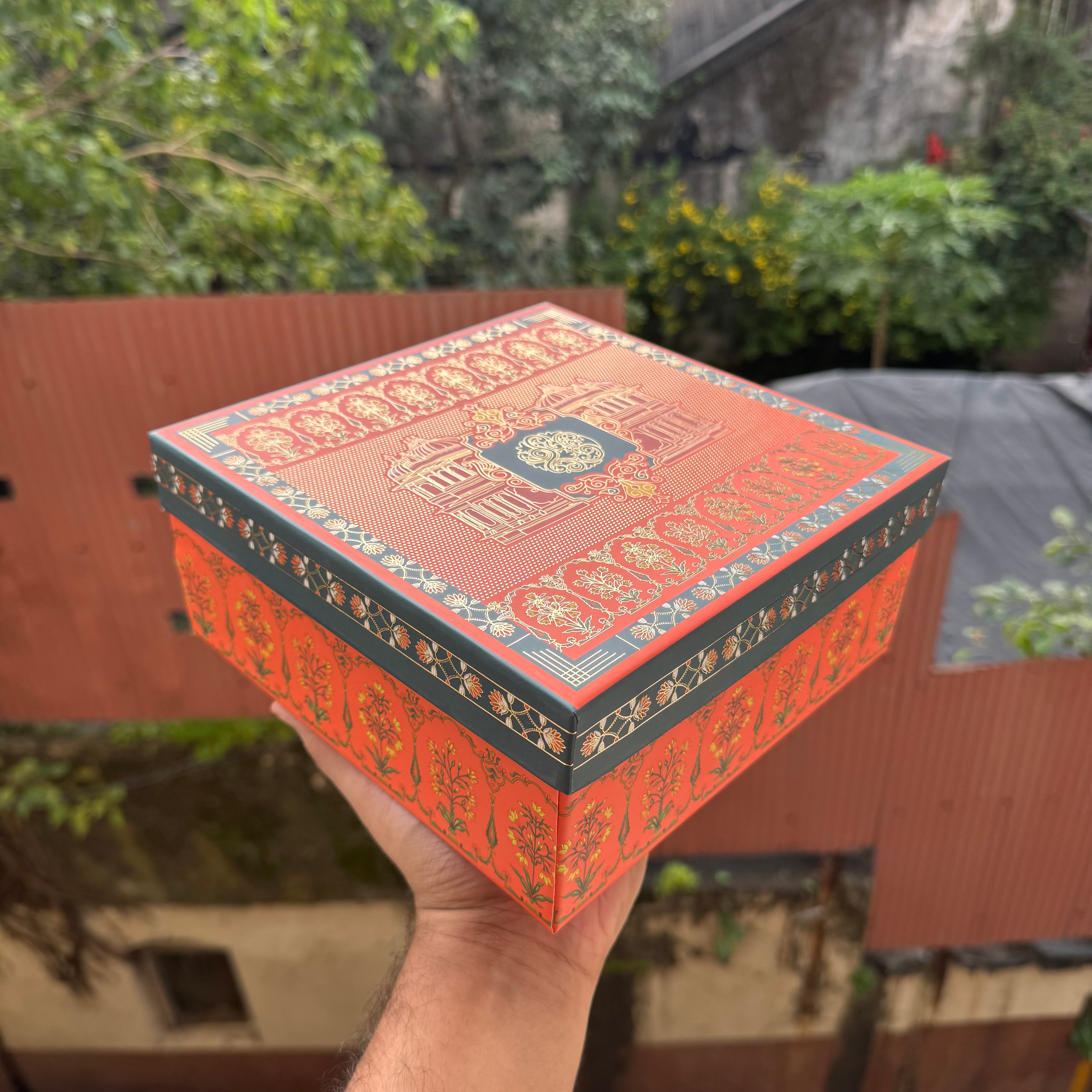 Jashan Top Bottom Hamper Box With Matching Bag Combo 1pc 8x8x3.5inch | Jaipur Rust