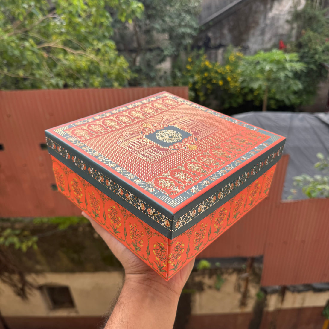Jashan Top Bottom Hamper Box With Matching Bag Combo 1pc 8x8x3.5inch | Jaipur Rust