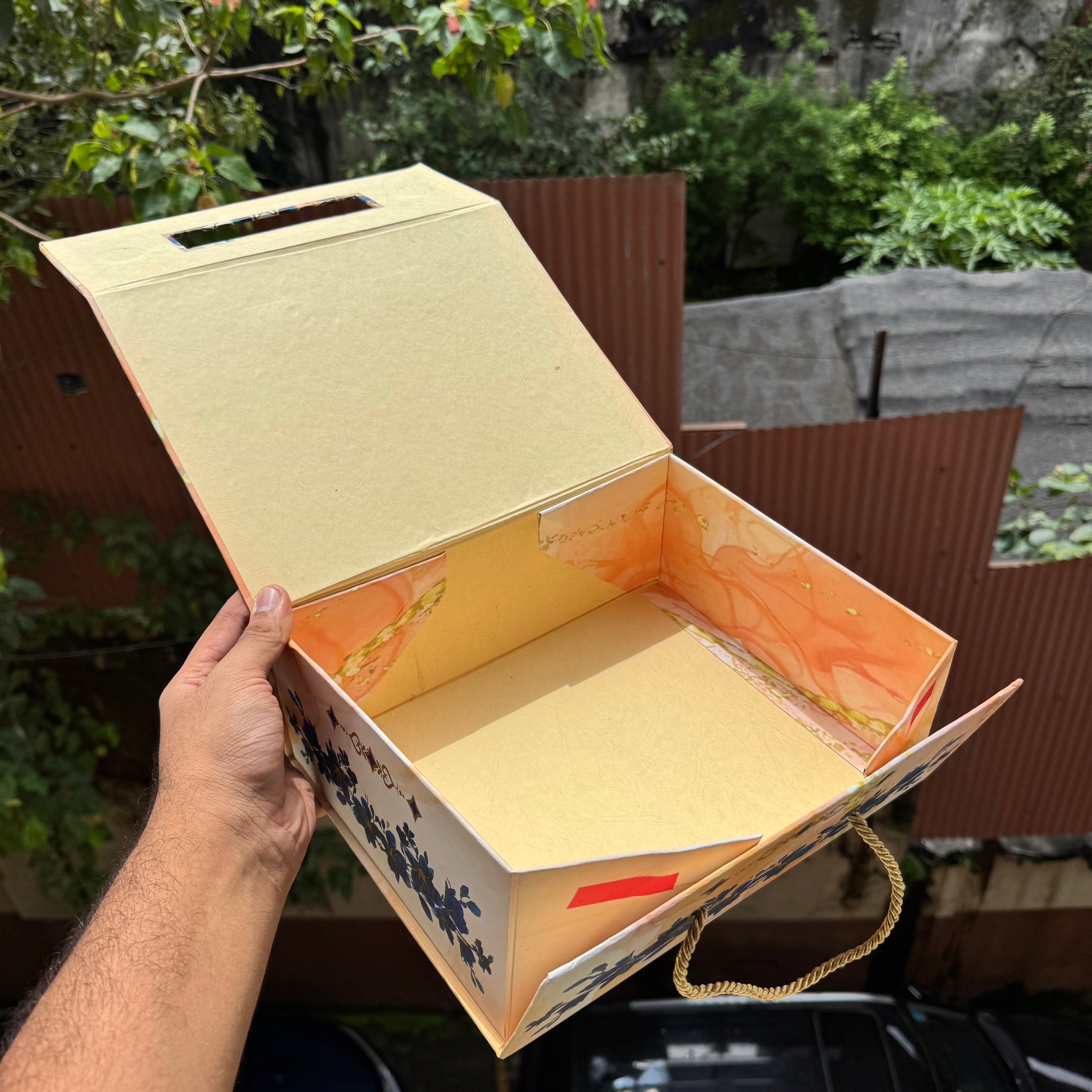 Bespoke Collapsible Hamper Boxes With Gold Foiling Detail and Handle