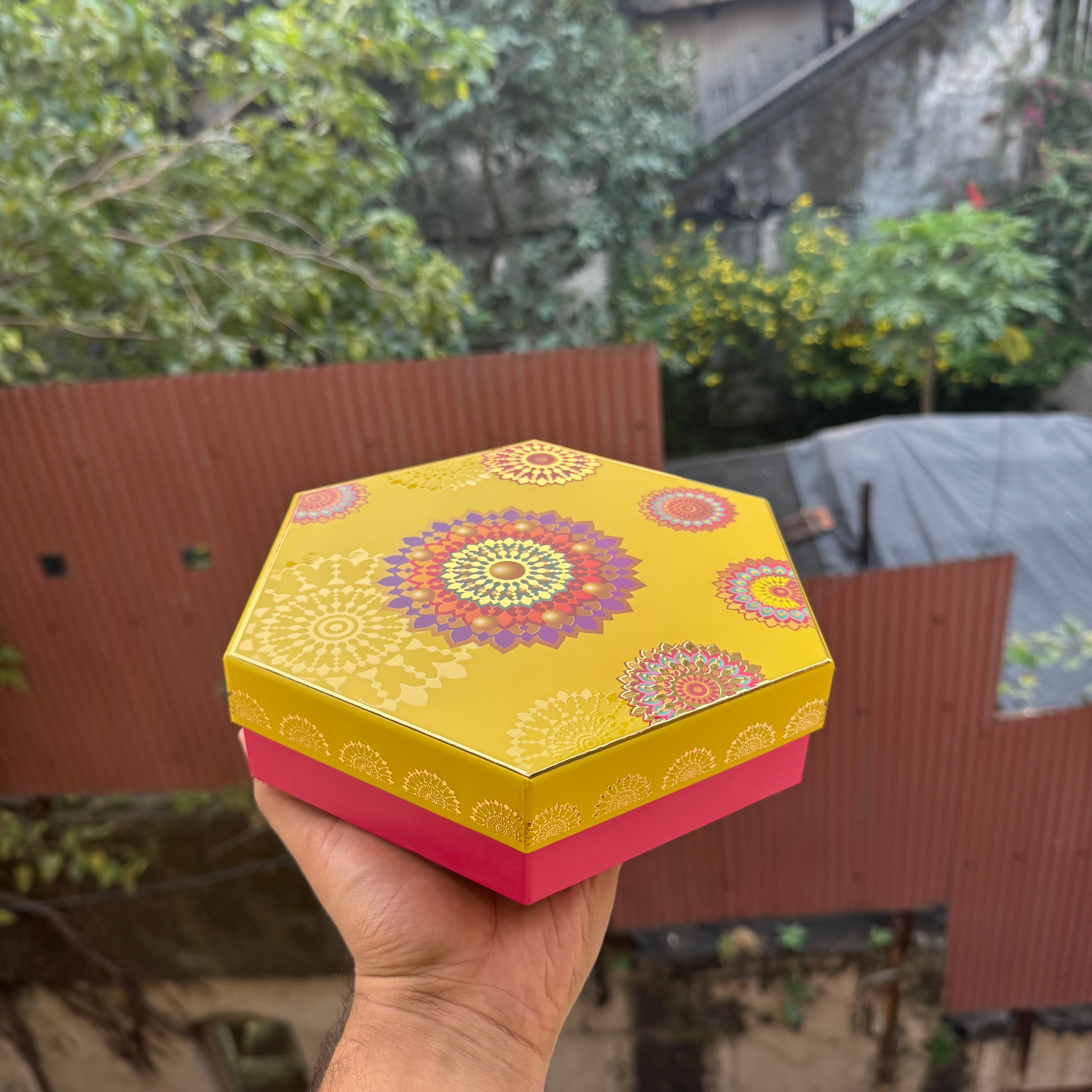 Top Bottom Rigid Hexagon Mithai Box With Partition 1pc  | Yellow