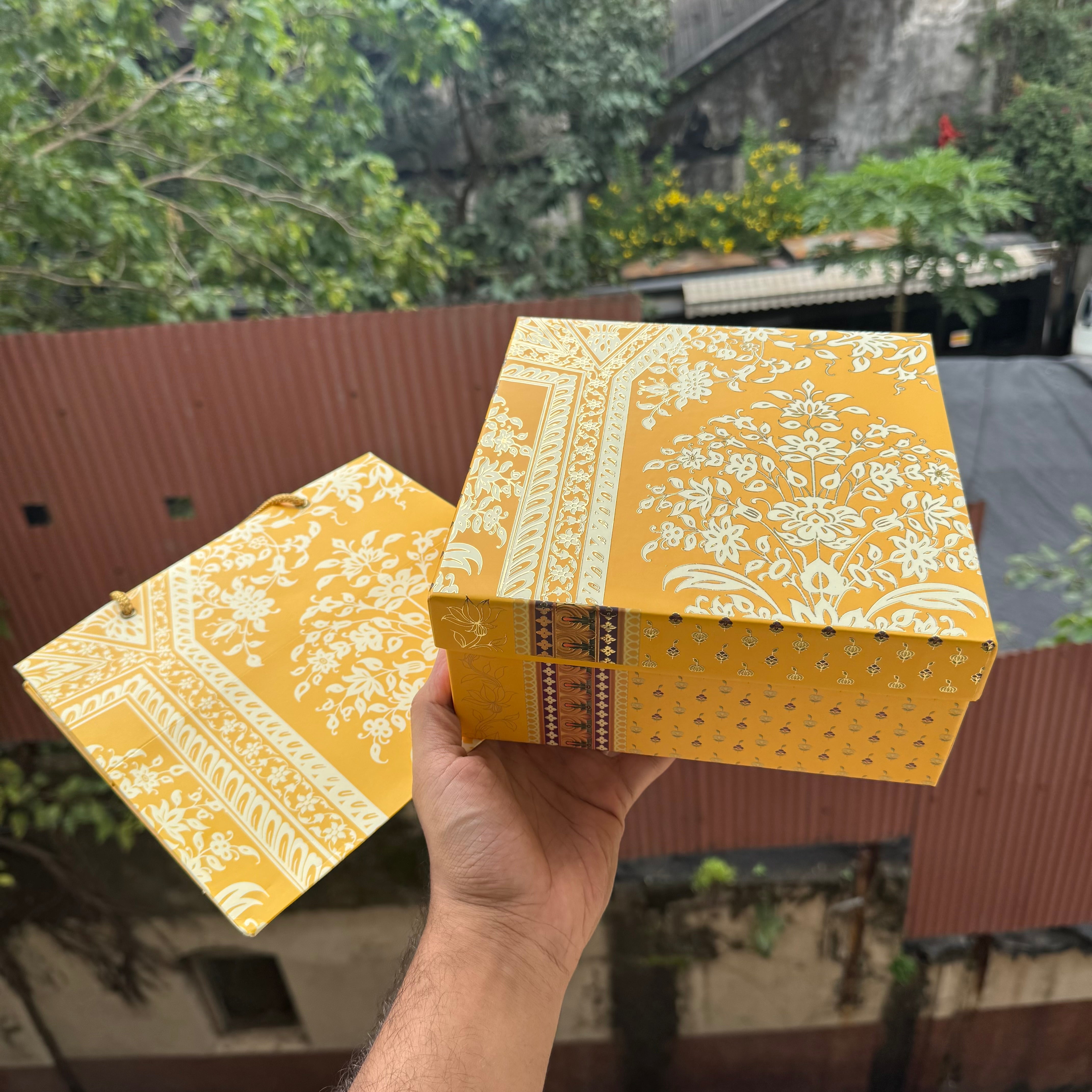 Jashan Top Bottom Hamper Box With Matching Bag Combo 1pc 8x8x3.5inch | Mustard Silk