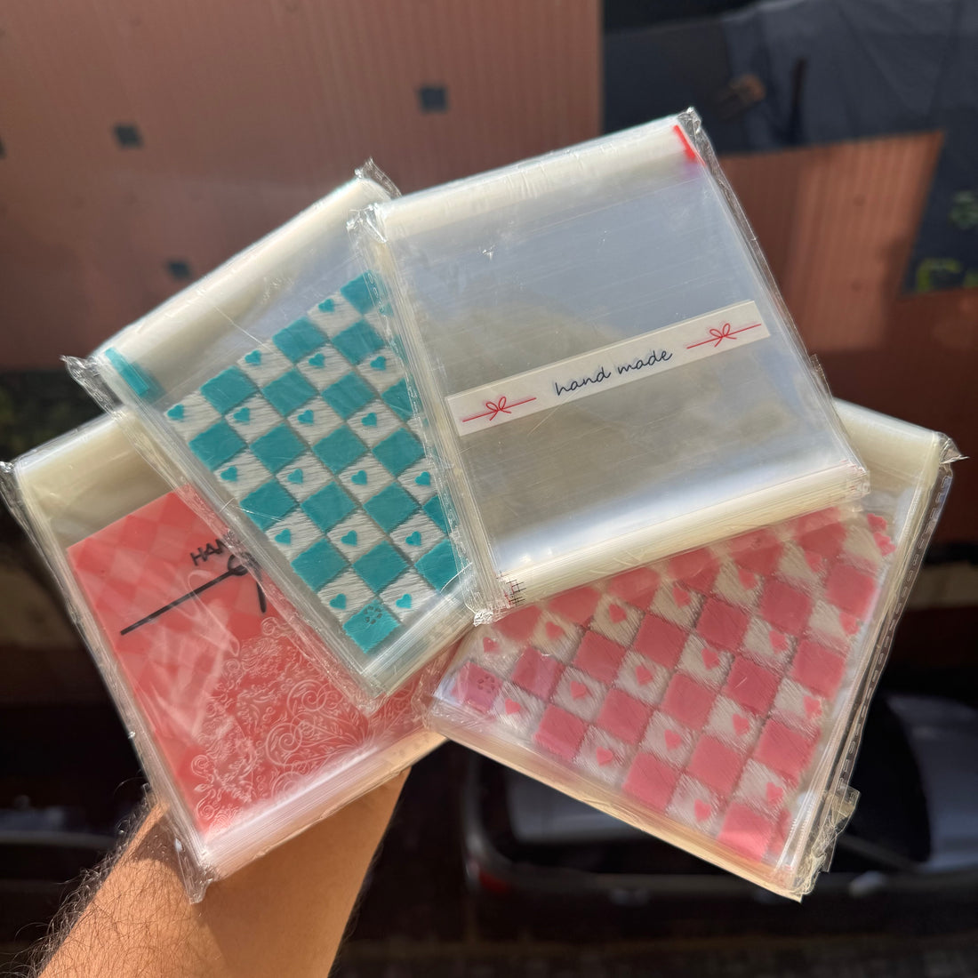 Cookie Pouch 10x10cm (100pcs approx) with Self Adhesive Seal | Pink Heart Checks