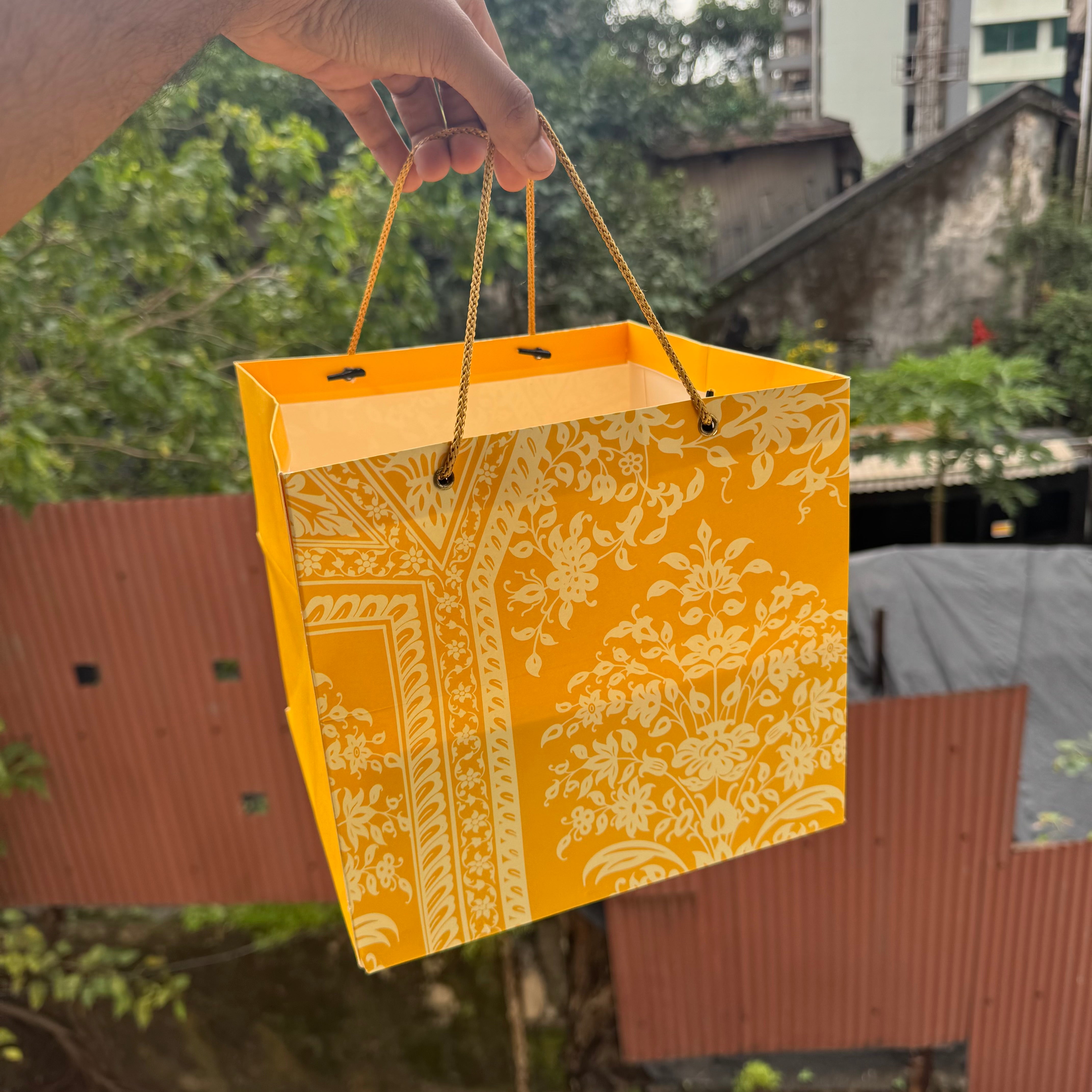 Jashan Top Bottom Hamper Box With Matching Bag Combo 1pc 8x8x3.5inch | Mustard Silk