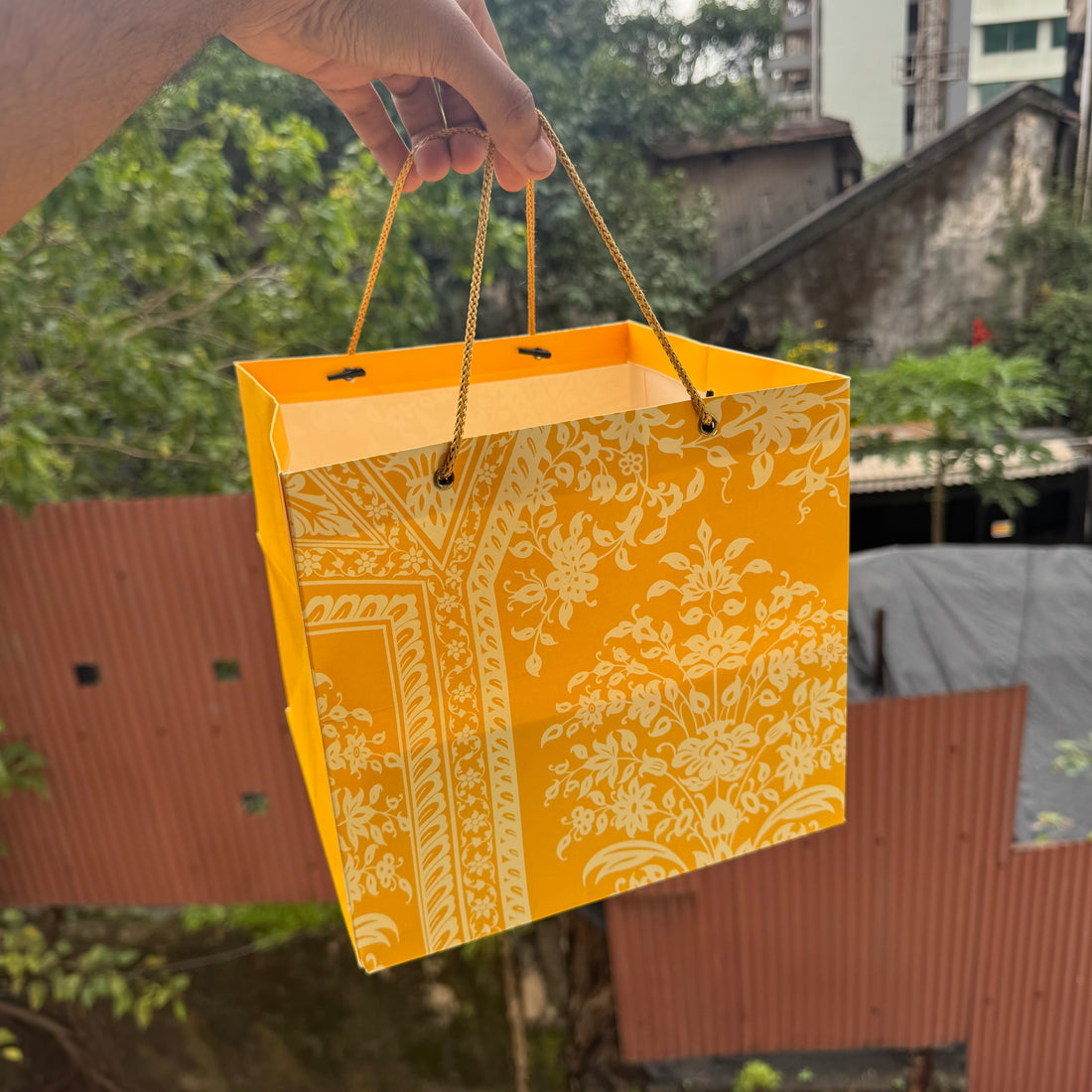 Jashan Top Bottom Hamper Box With Matching Bag Combo 1pc 8x8x3.5inch | Mustard Silk