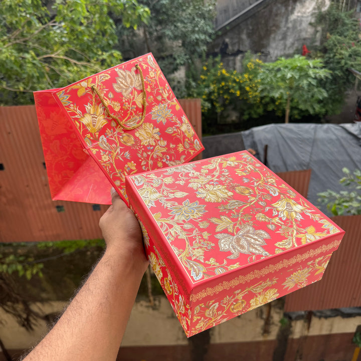 Jashan Top Bottom Hamper Box With Matching Bag Combo 1pc 8x8x3.5inch | Coral Red