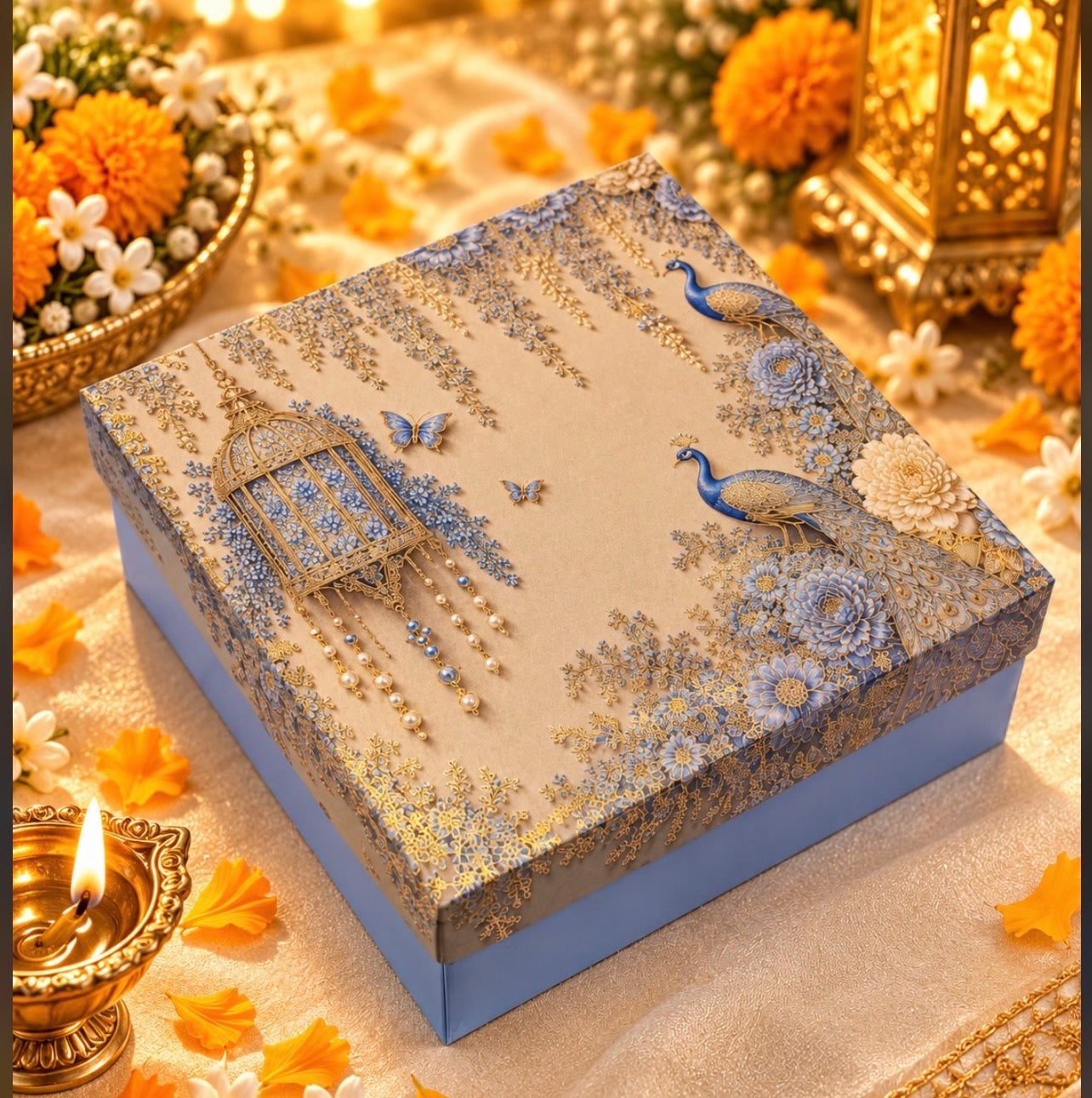 Mahal Top Bottom Hamper Box With 4 Jar Cavity (10pc) [No Jars Included] | Blue