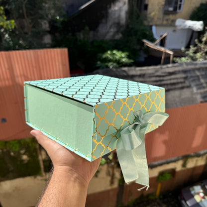 8x8x4 Moroccan Gold Foil Print Collapsible Ribbon Hamper Box (1pc)