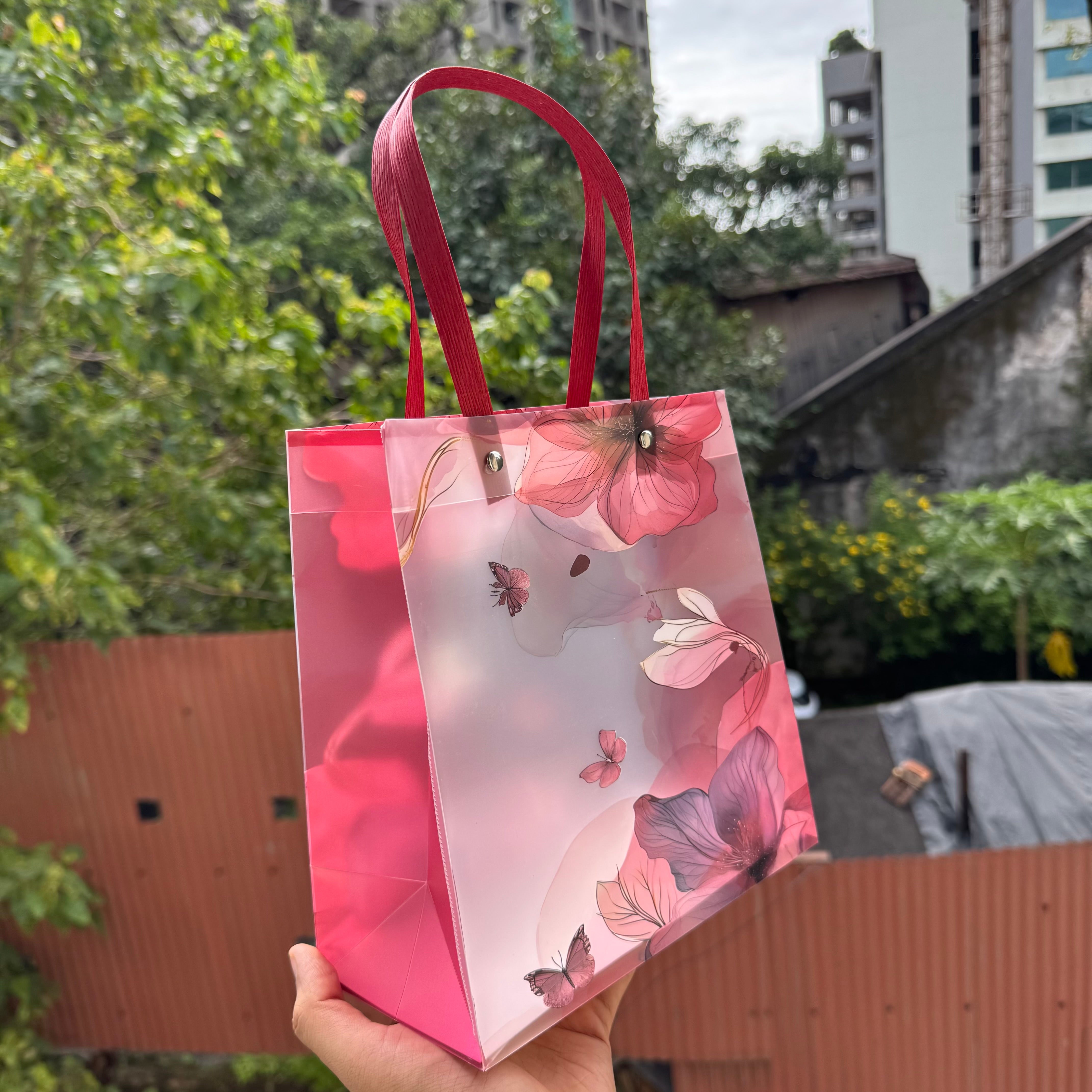 Floral Frosted Pvc Bag (10pc) ~ Maroon