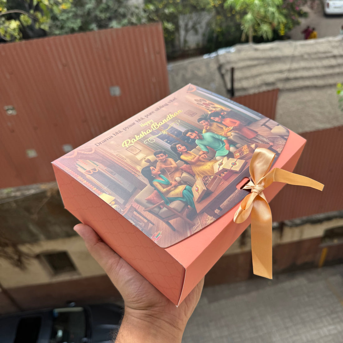 Rakhi Hamper Box With Ribbon - 9 by 7 by 3” • BK-94 Peach