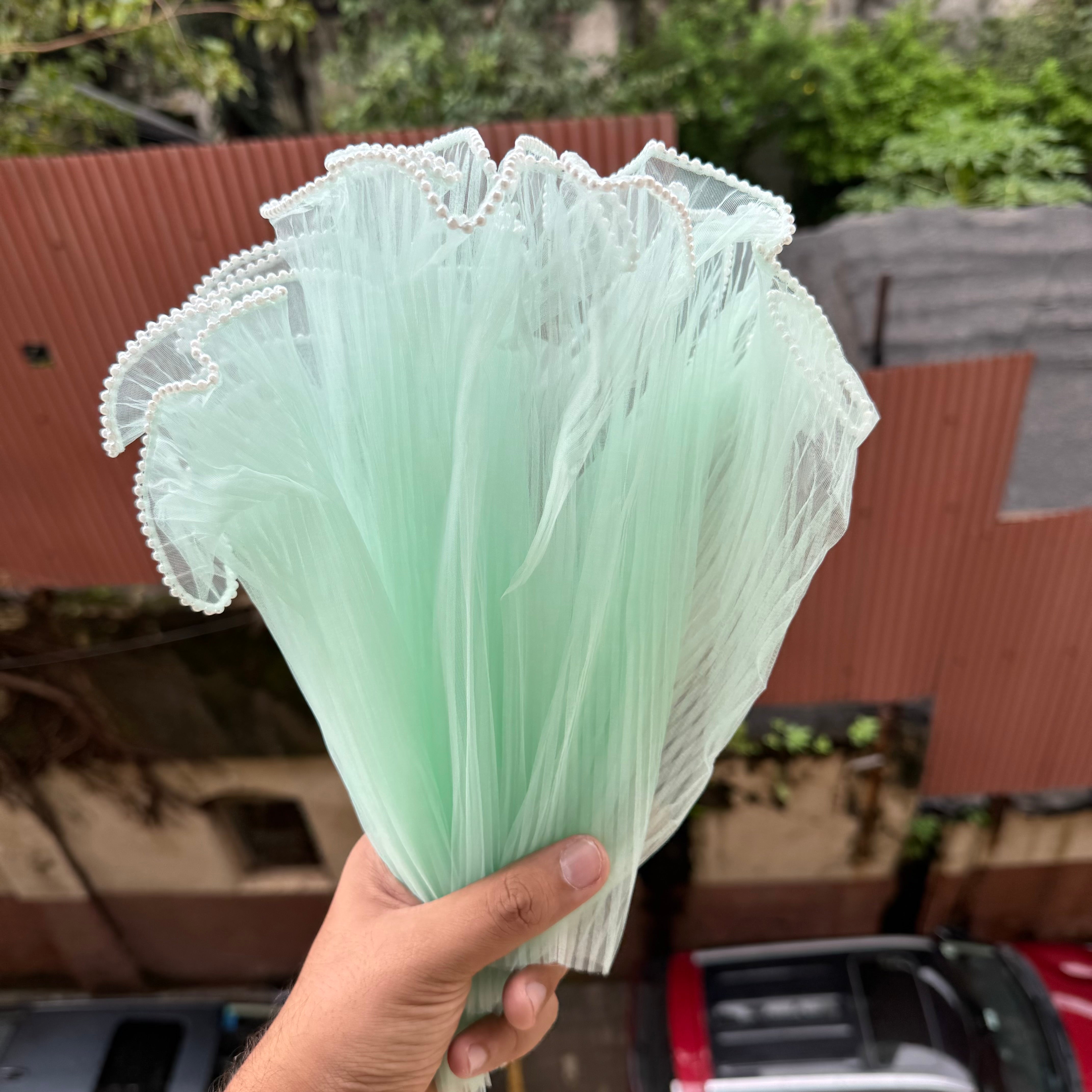Mint Green Wrapping Mesh | Pearl Edge Wrinkled Wavy Net Flower Wrapping Bouquet Paper