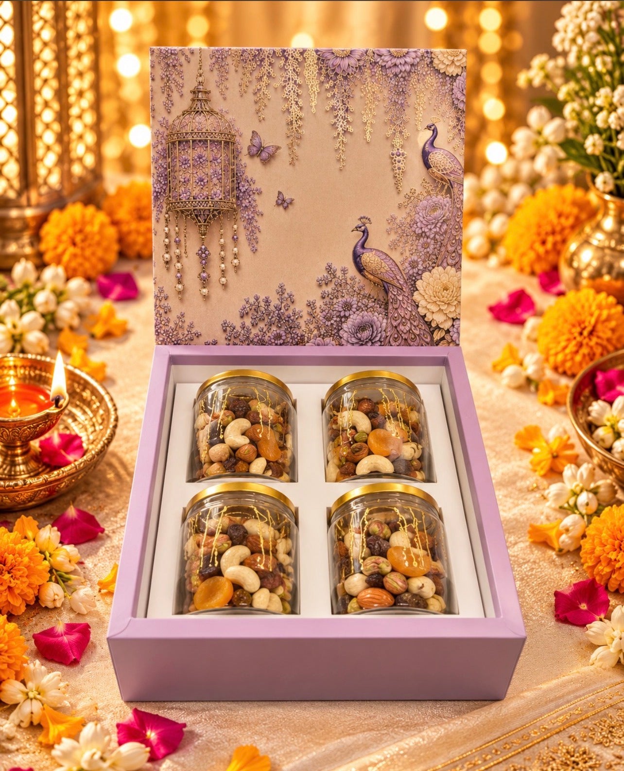 Mahal Top Bottom Hamper Box With 4 Jar Cavity (10pc) [No Jars Included] | Purple