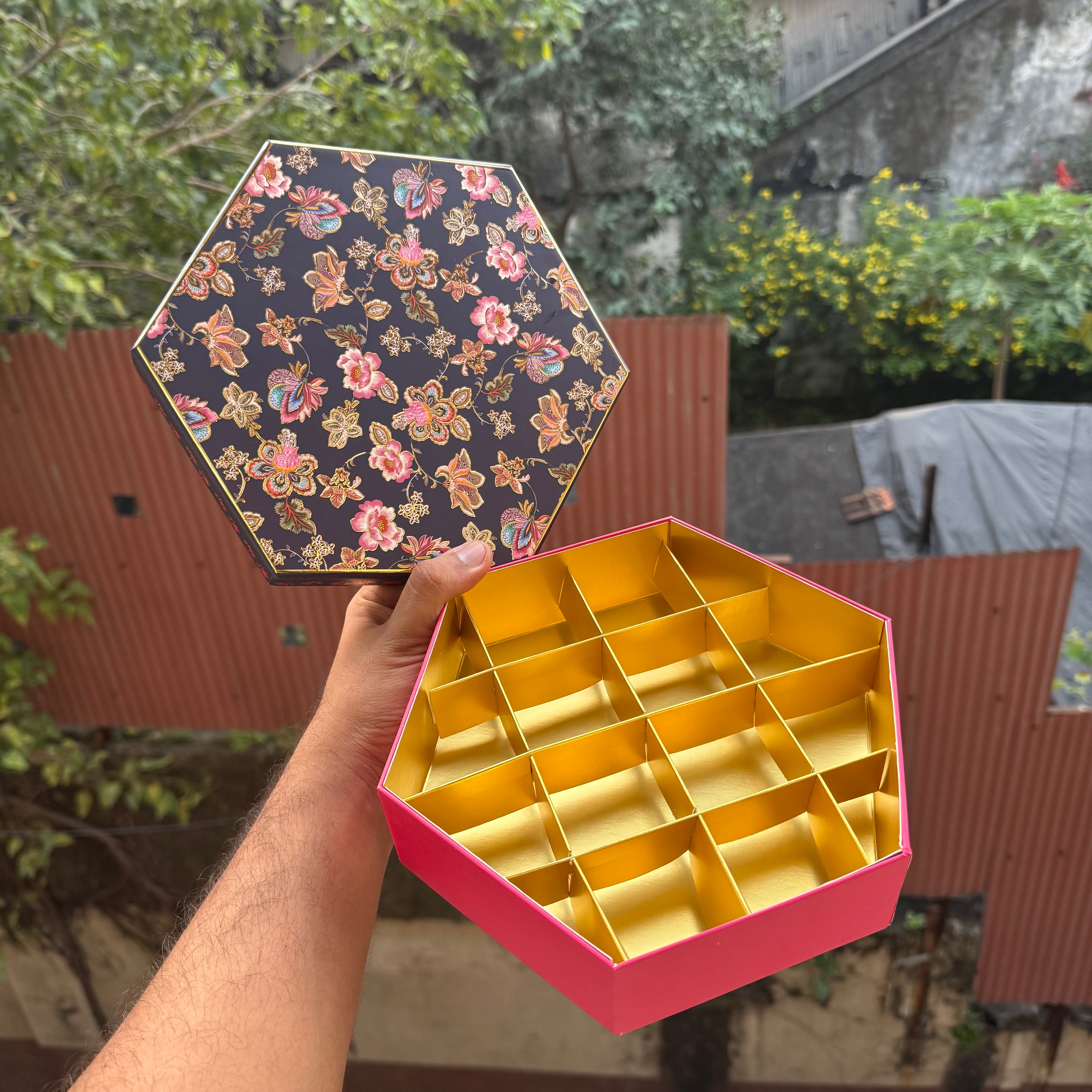 Top Bottom Rigid Hexagon Mithai Box With Partition 1pc  | Blue & Pink
