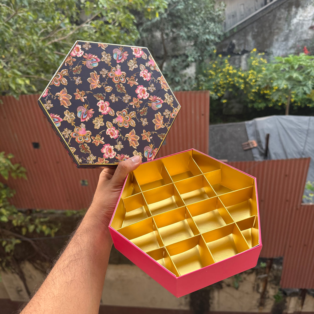 Top Bottom Rigid Hexagon Mithai Box With Partition 1pc  | Blue & Pink