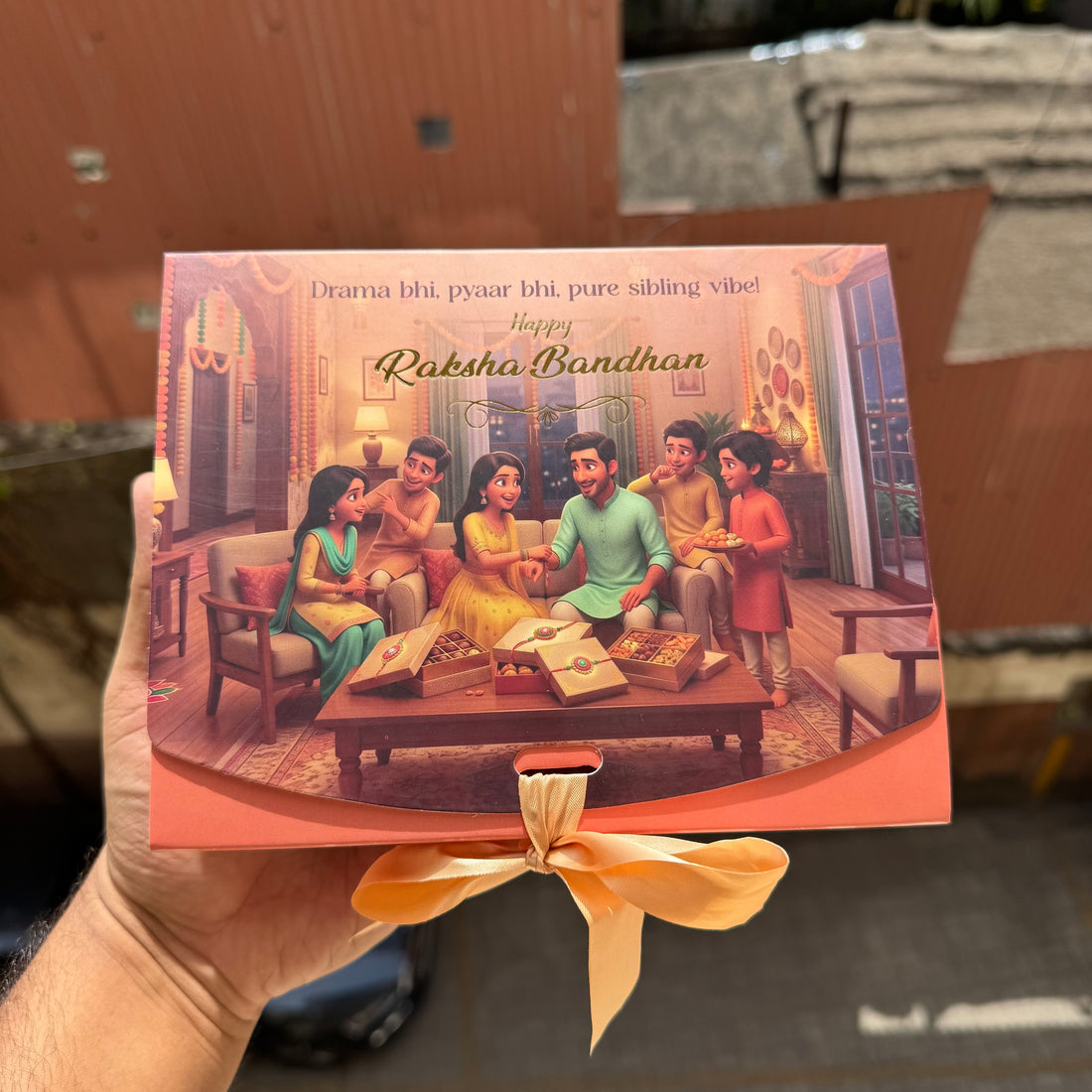 Rakhi Hamper Box With Ribbon - 7.5 by 6 by 2” • BK-95 Peach