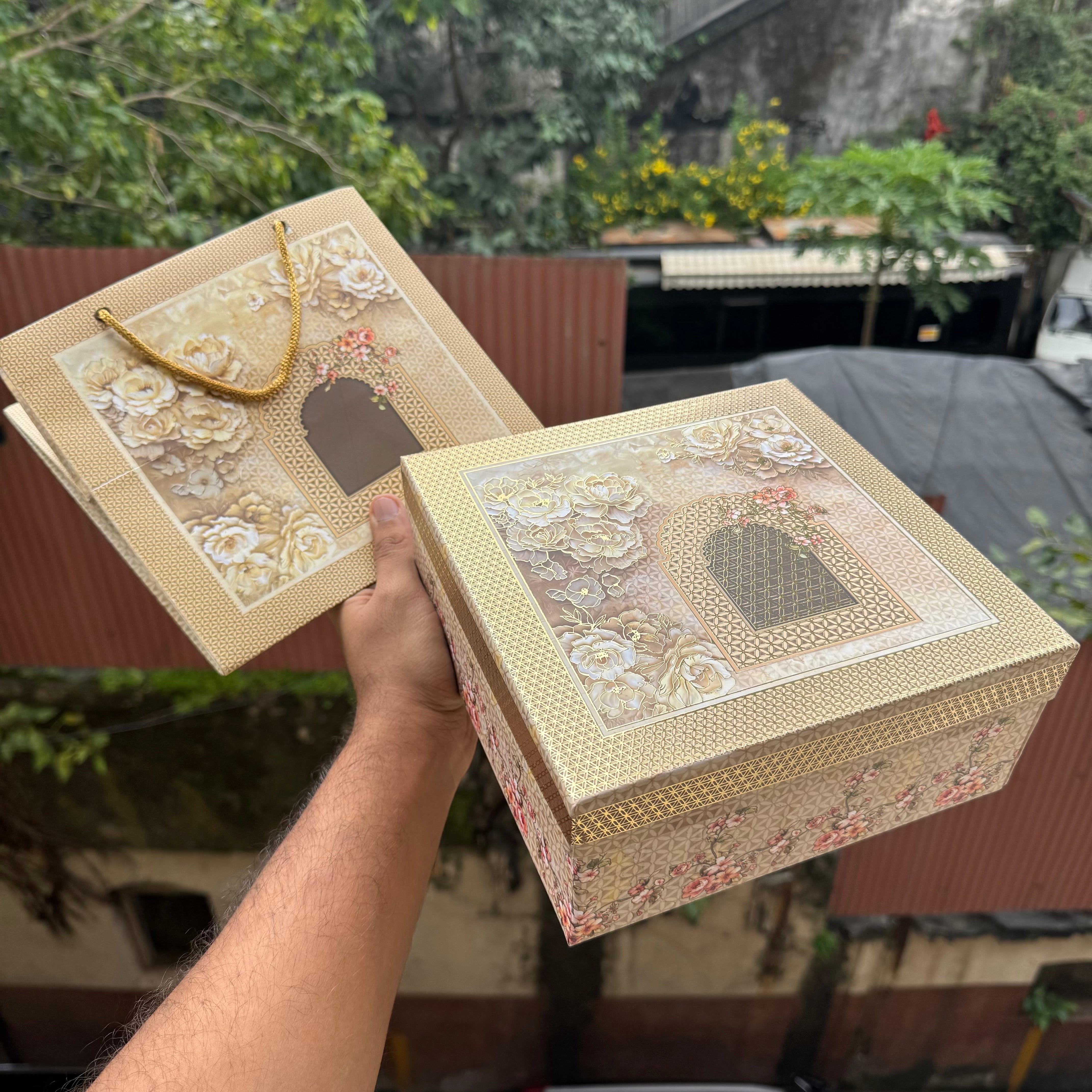 Jashan Top Bottom Hamper Box With Matching Bag Combo 1pc 8x8x3.5inch | Ivory Silk