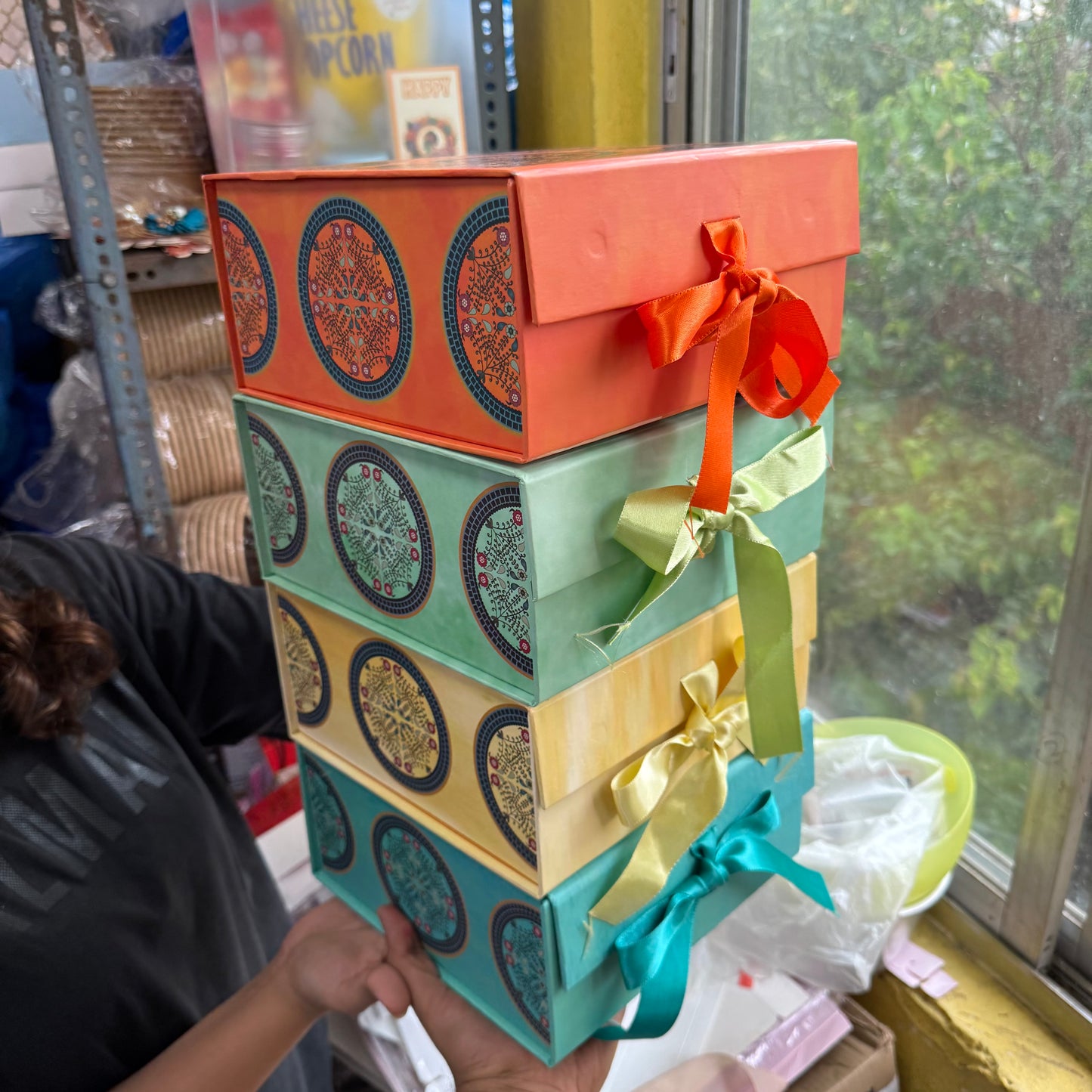 Collapsible Foiled Premium Hamper Box With Ribbon 8x8x4inch • Yellow