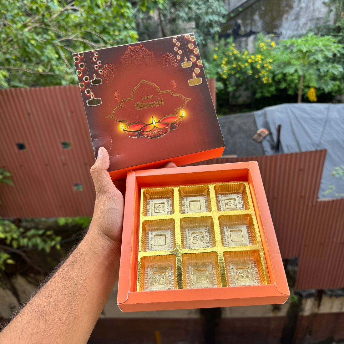 Diwali Slider Box (10pc) || 9 Cavity Size ~ Brown & Amber