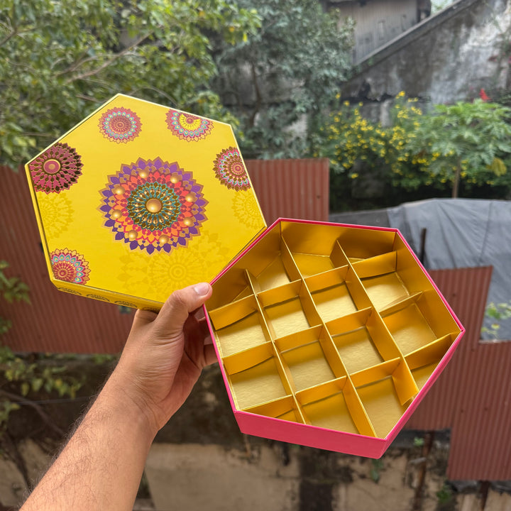 Top Bottom Rigid Hexagon Mithai Box With Partition 1pc  | Yellow