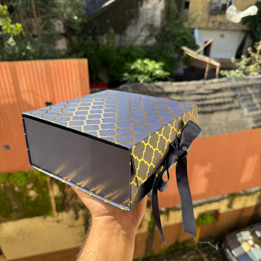 8x8x4 Moroccan Gold Foil Print Collapsible Ribbon Hamper Box (1pc)