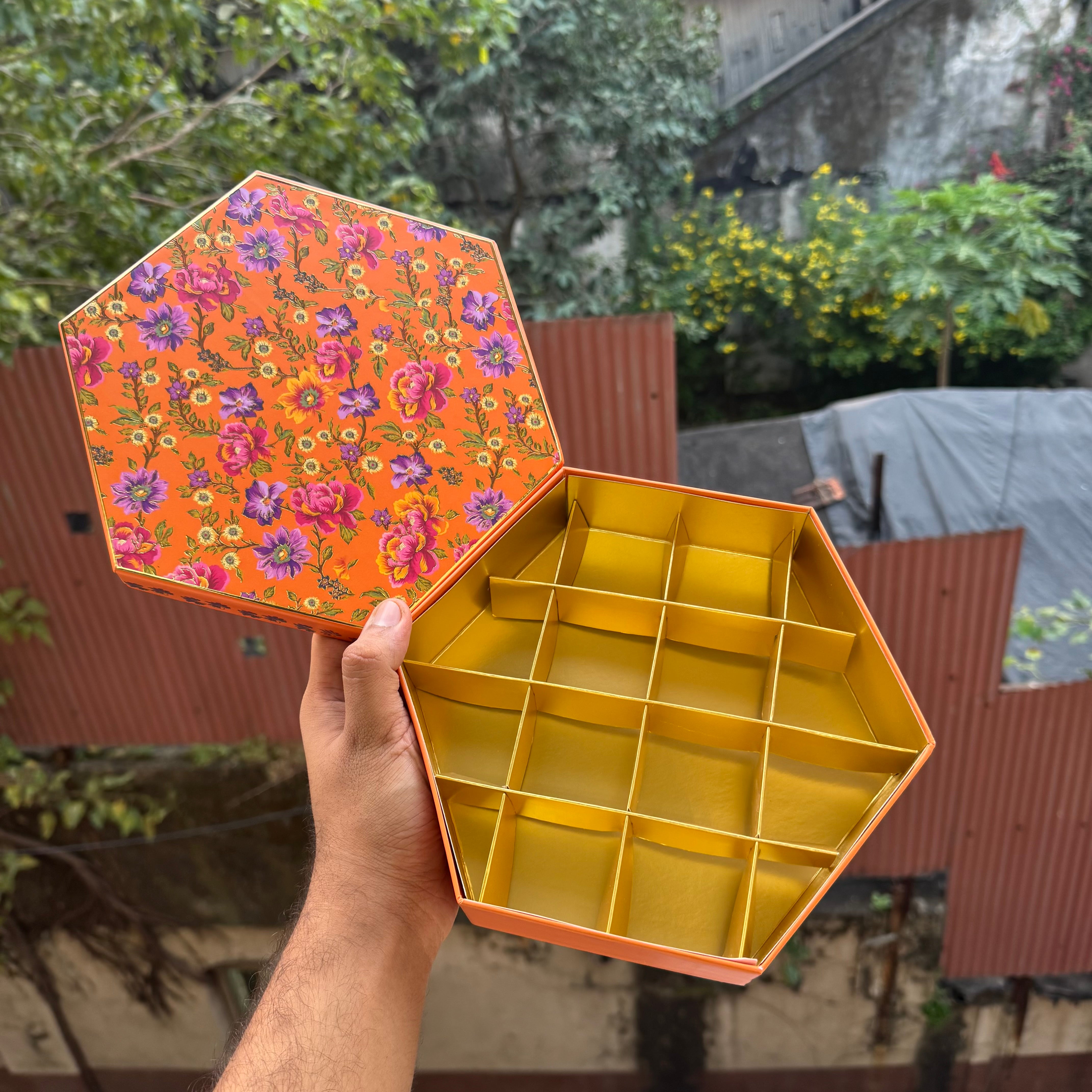 Top Bottom Rigid Hexagon Mithai Box With Partition 1pc  | Orange