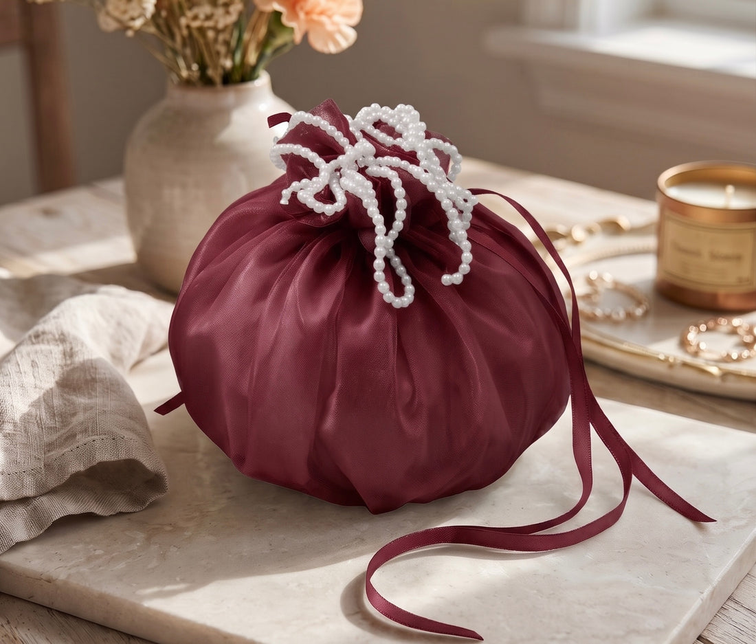Pearl Organza Potli ~ Maroon ~ 1pc